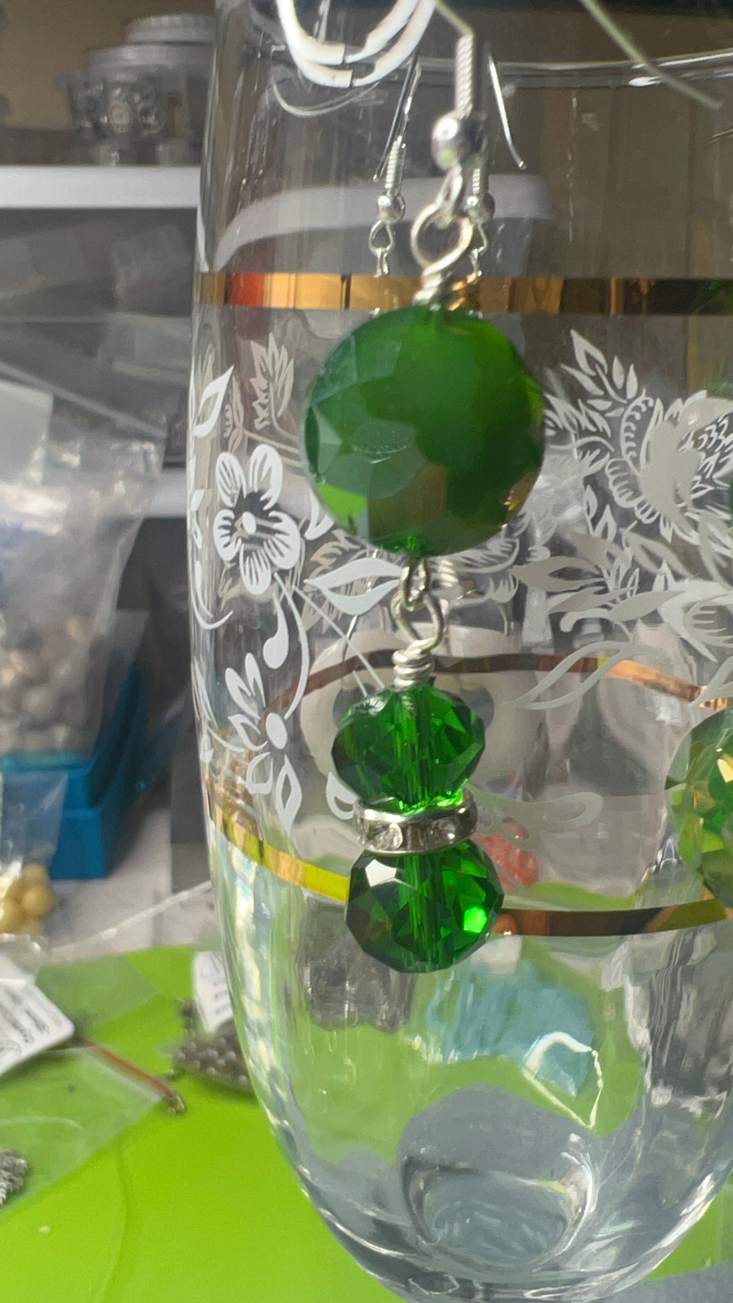 Green Crystals with Silver Bling Earrings