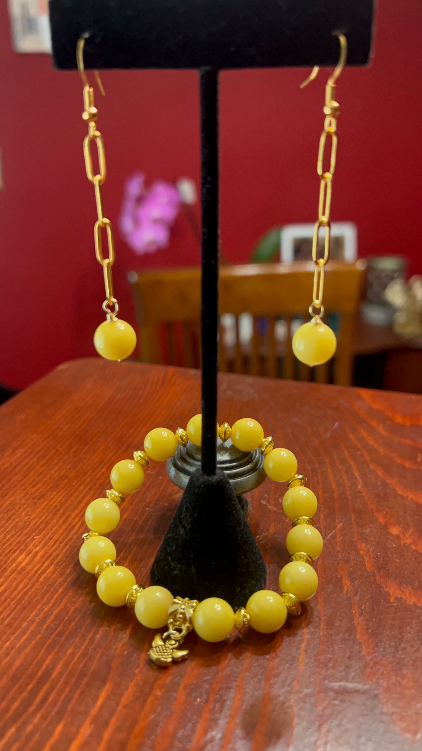 Yellow Jade Stretch Bracelet with gold Angel Pendant and spacers and "Who Needs A Necklace" Earrings