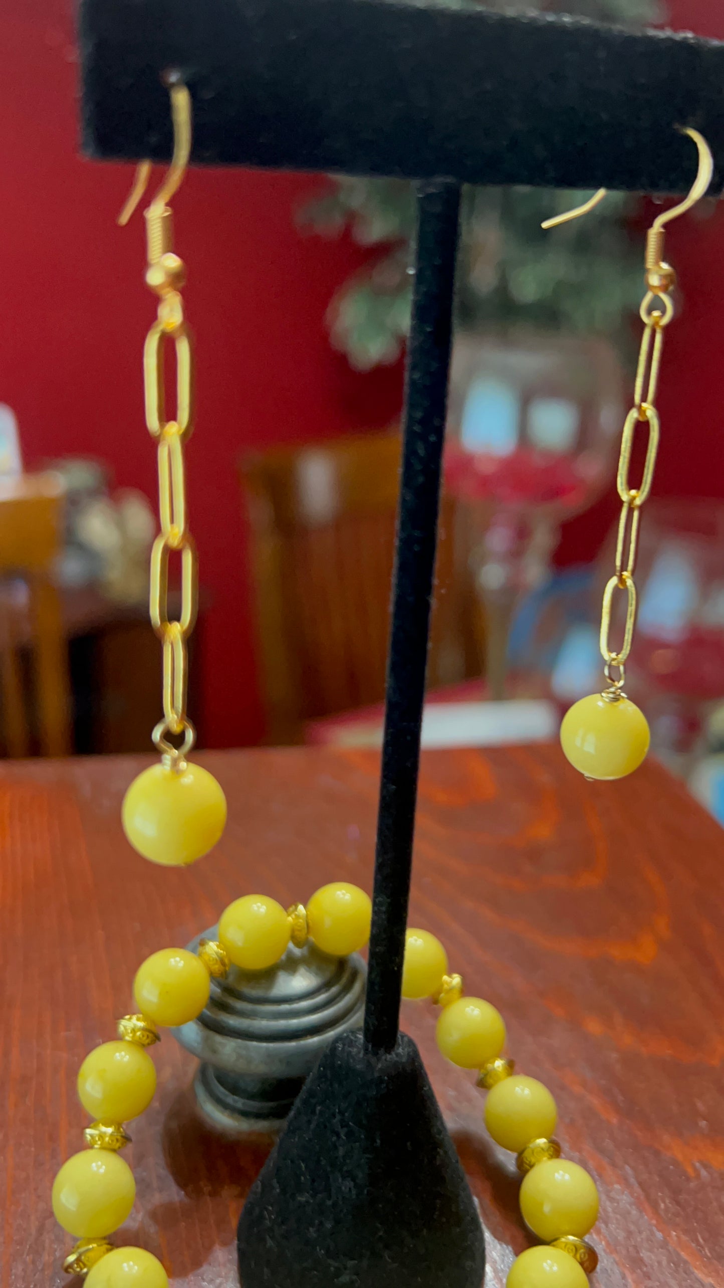 Yellow Jade Stretch Bracelet with gold Angel Pendant and spacers and "Who Needs A Necklace" Earrings