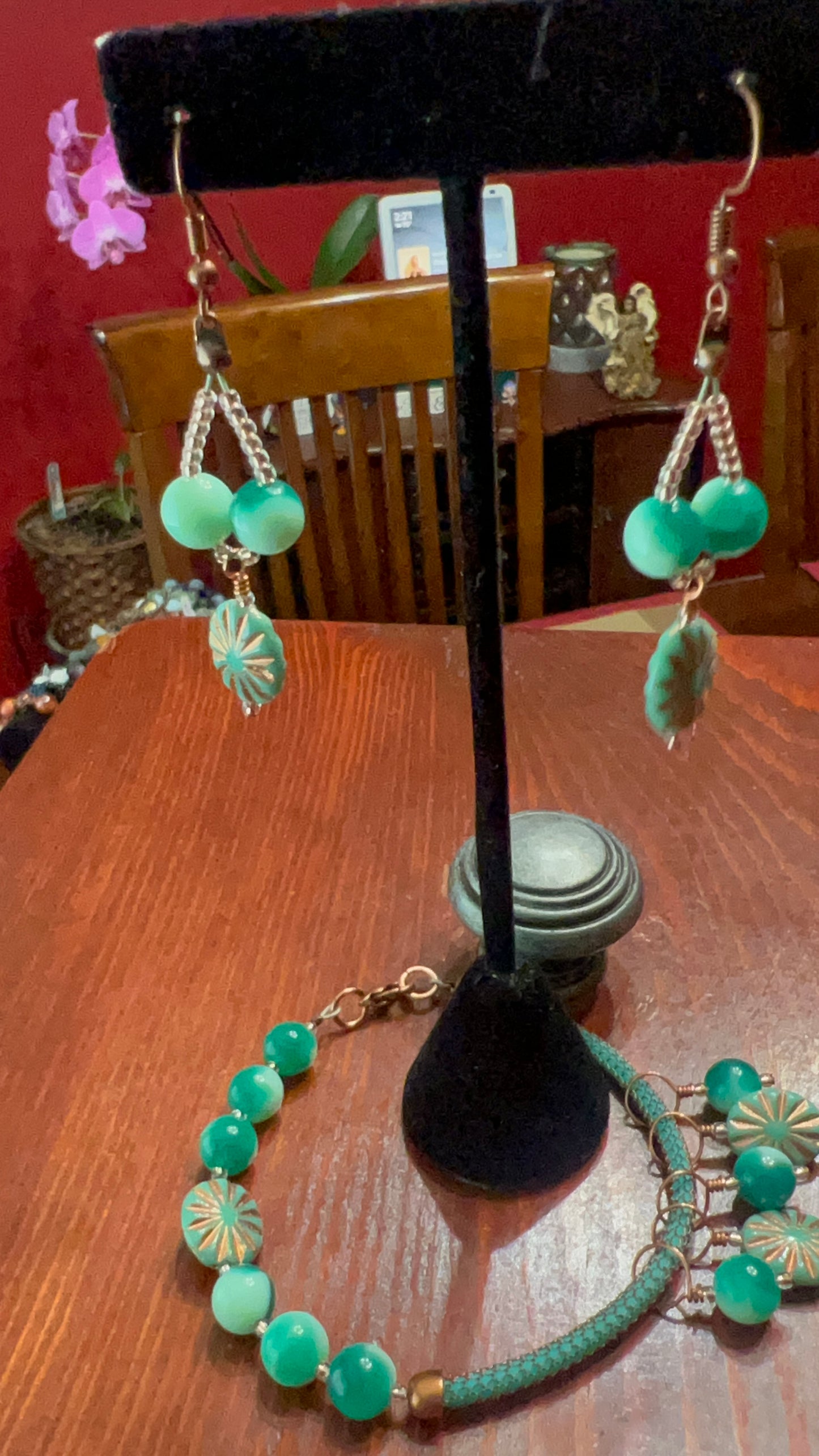 "The Greens" Pendant Silver Silk Bracelet with Copper and matching earrings