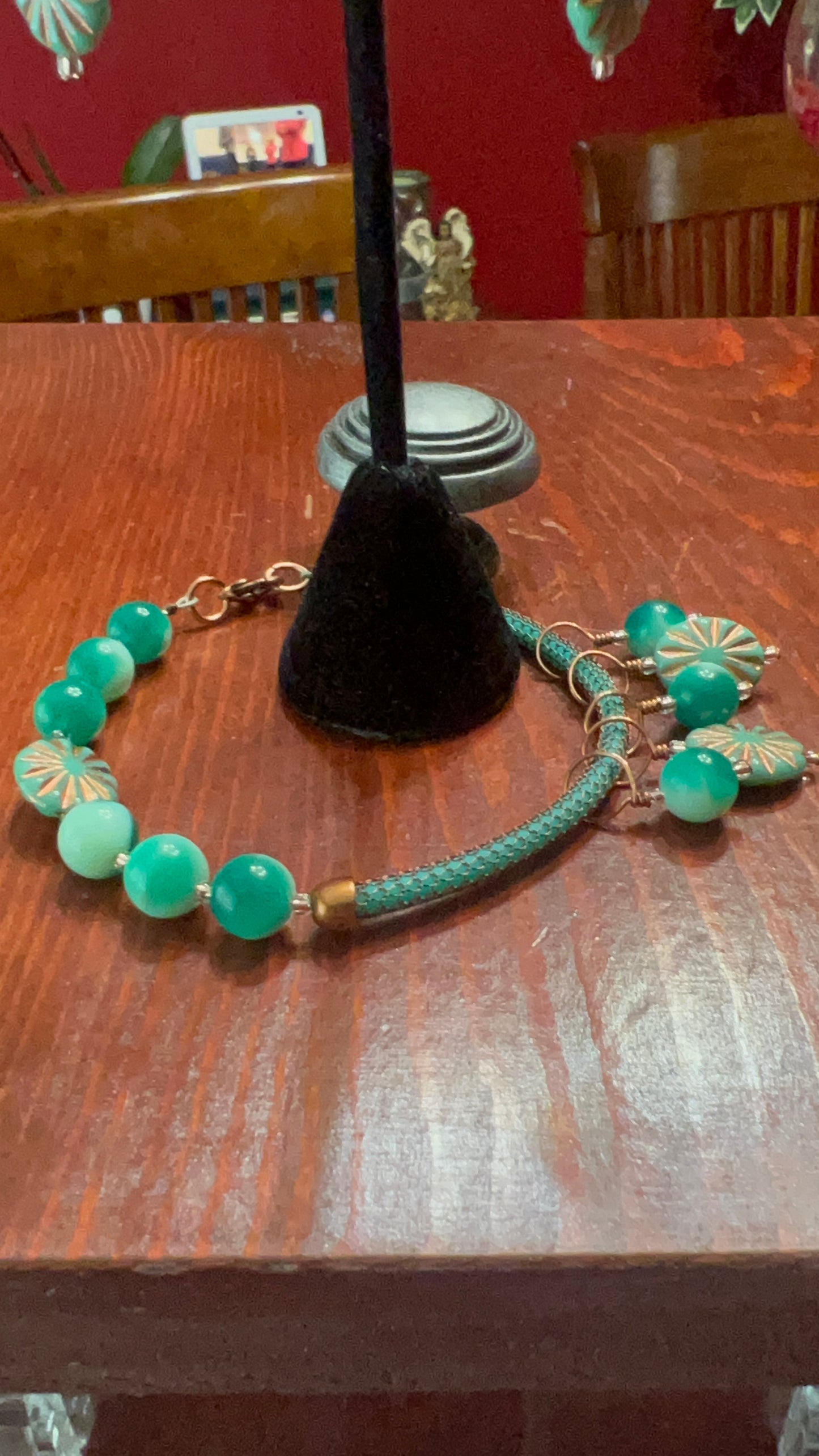 "The Greens" Pendant Silver Silk Bracelet with Copper and matching earrings