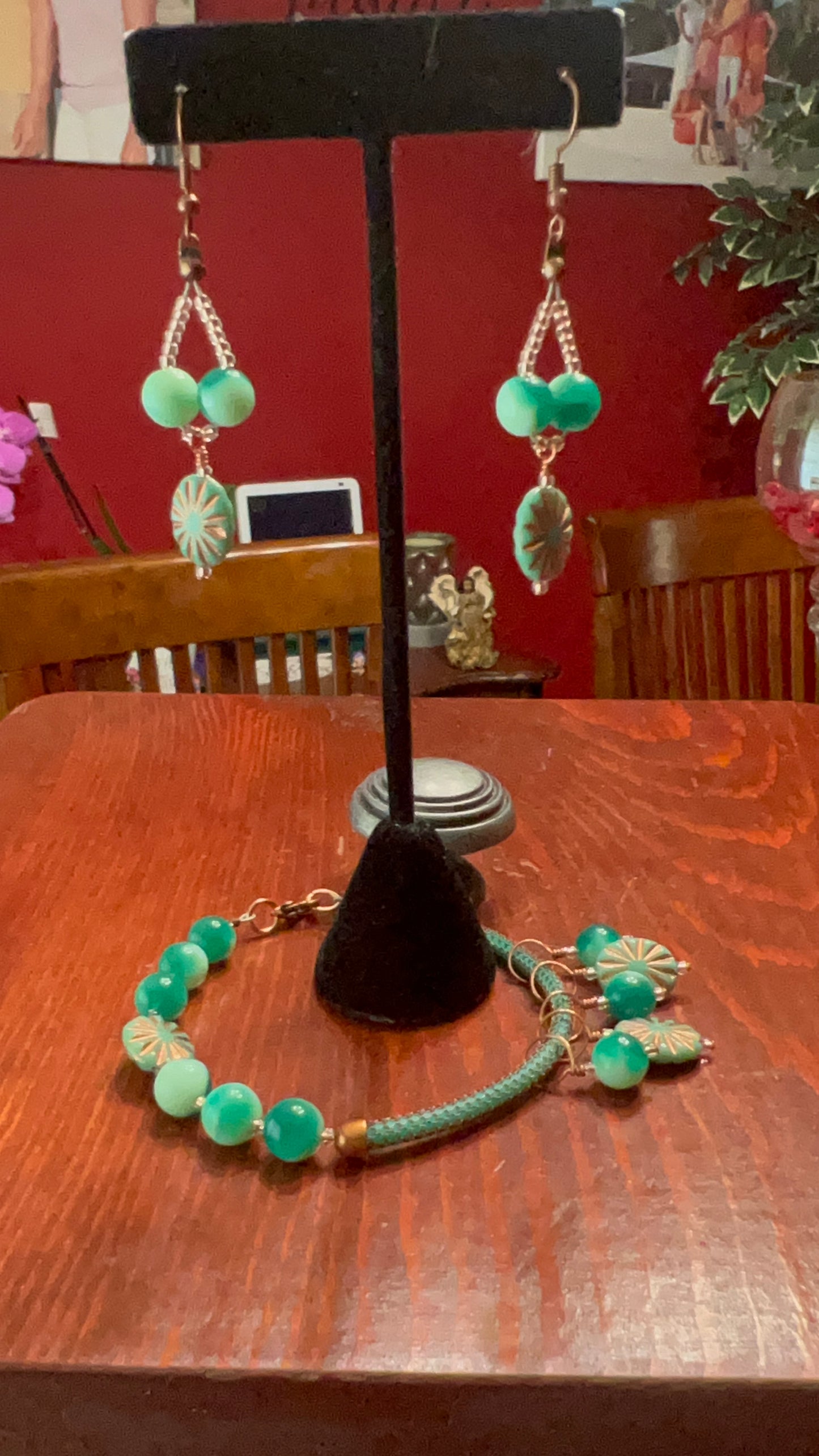 "The Greens" Pendant Silver Silk Bracelet with Copper and matching earrings