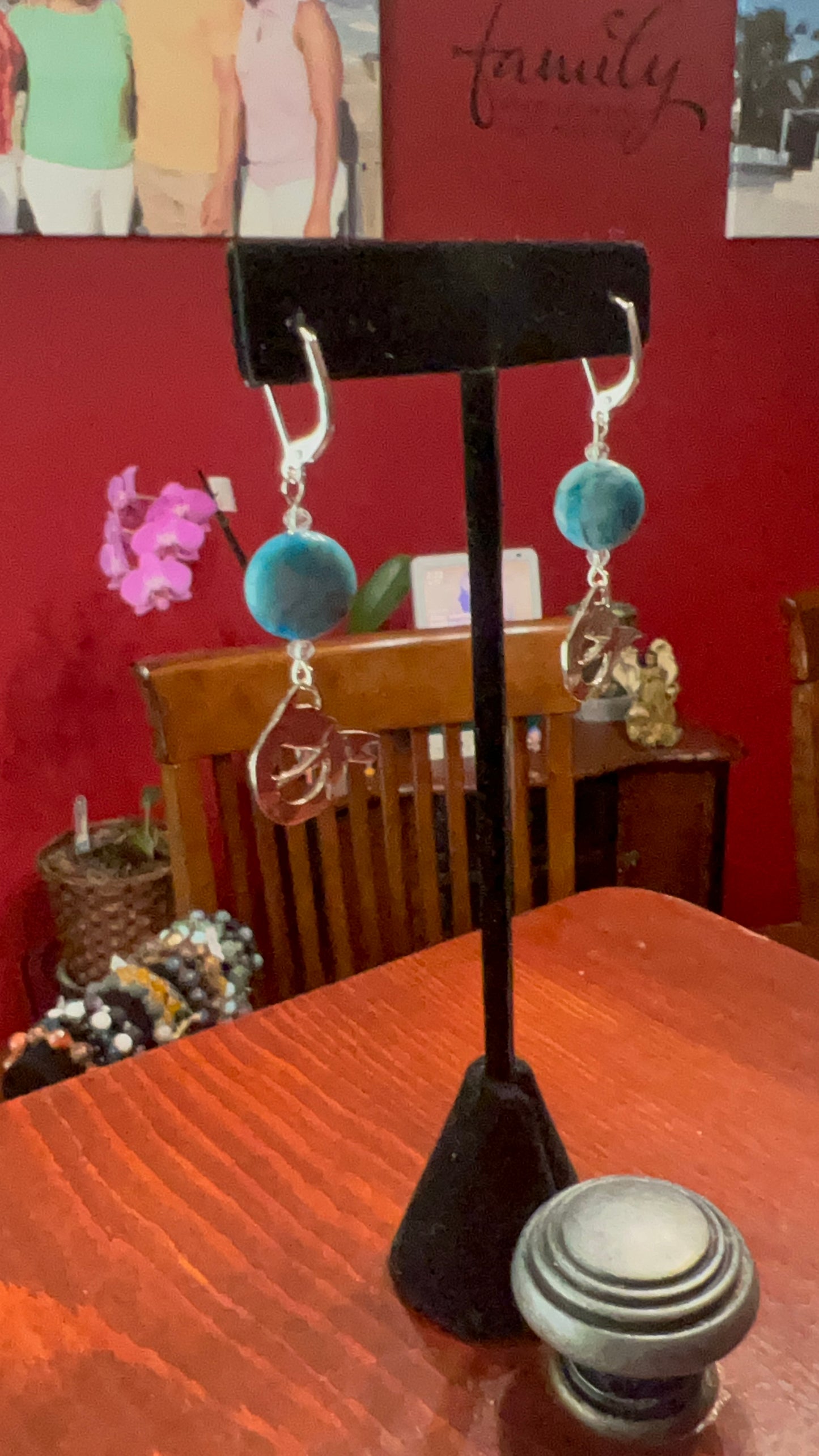 Turquoise Flat Beads with Silver Dragonfly Pendant Earrings