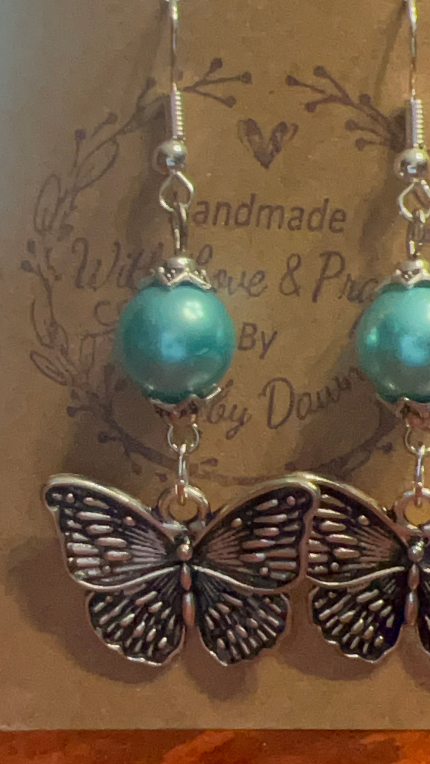 Antique Silver Butterfly and Blue Teal Pearl Earrings