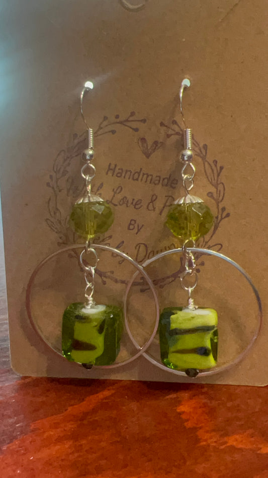 Lime Green Crystals and Lime Green/Brown Square with Silver hoop Earrings