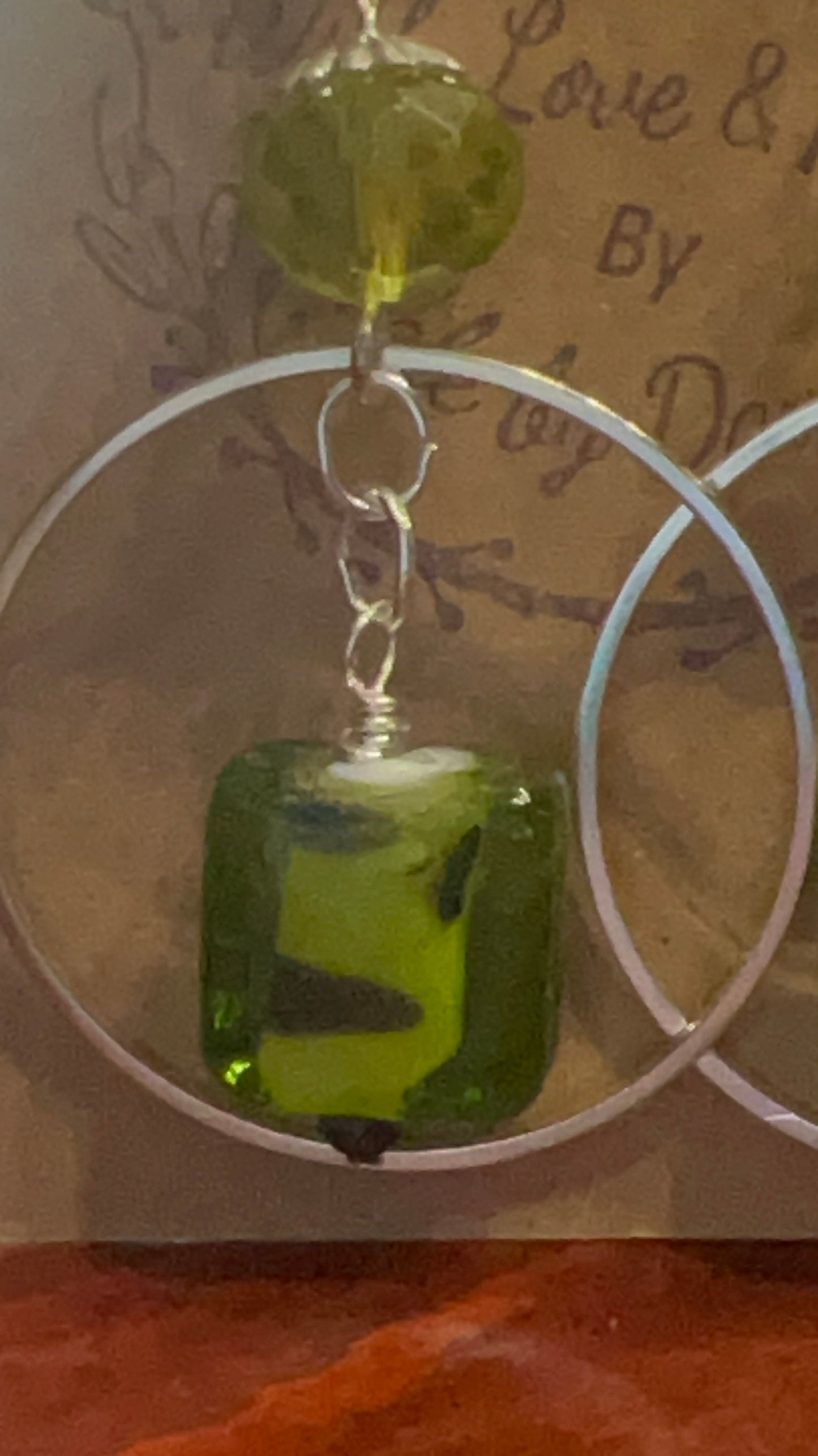 Lime Green Crystals and Lime Green/Brown Square with Silver hoop Earrings