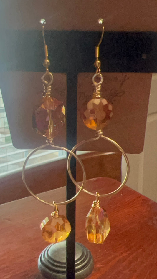 Peach Crystal and Gold Hoop Mismatched Long Earrings