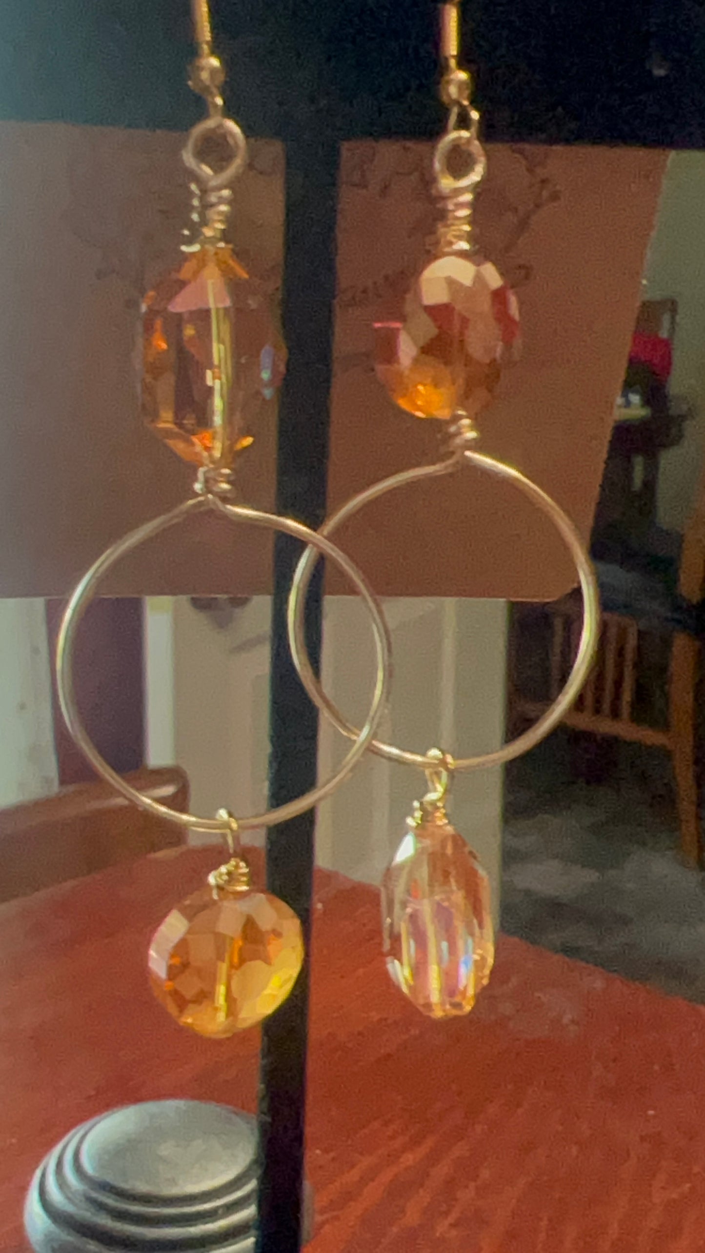 Peach Crystal and Gold Hoop Mismatched Long Earrings