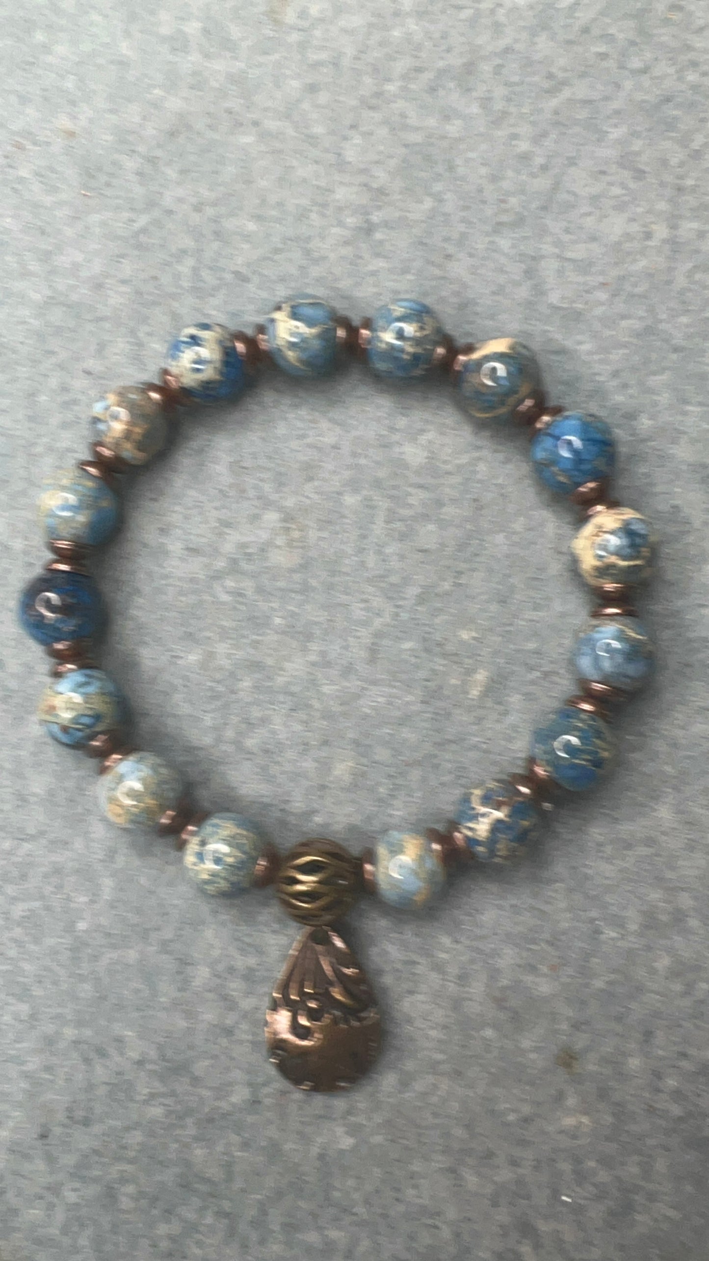 Denim Blue Impression Jasper with Brass Teardrop Pendant Stretch Bracelet