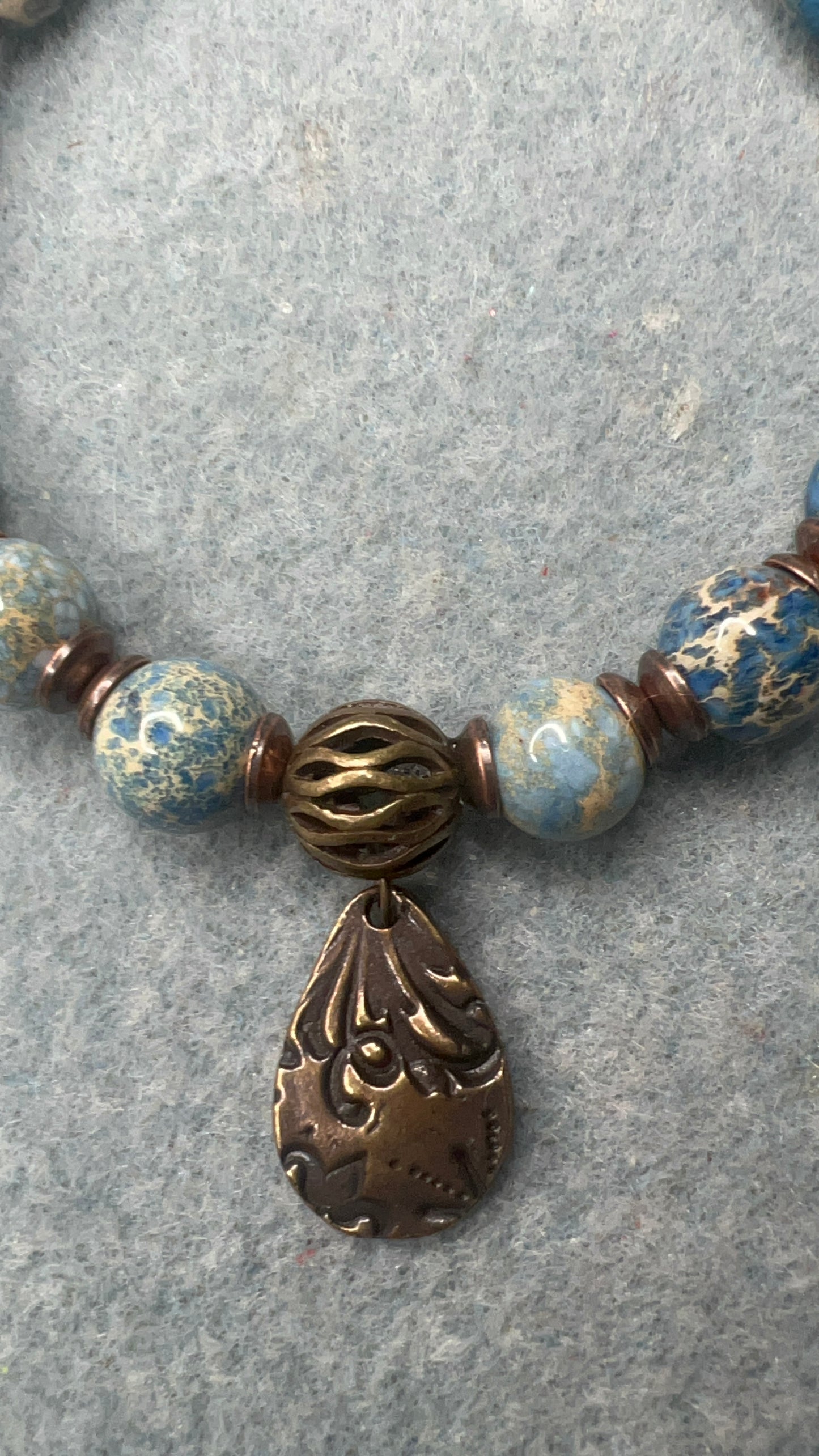 Denim Blue Impression Jasper with Brass Teardrop Pendant Stretch Bracelet