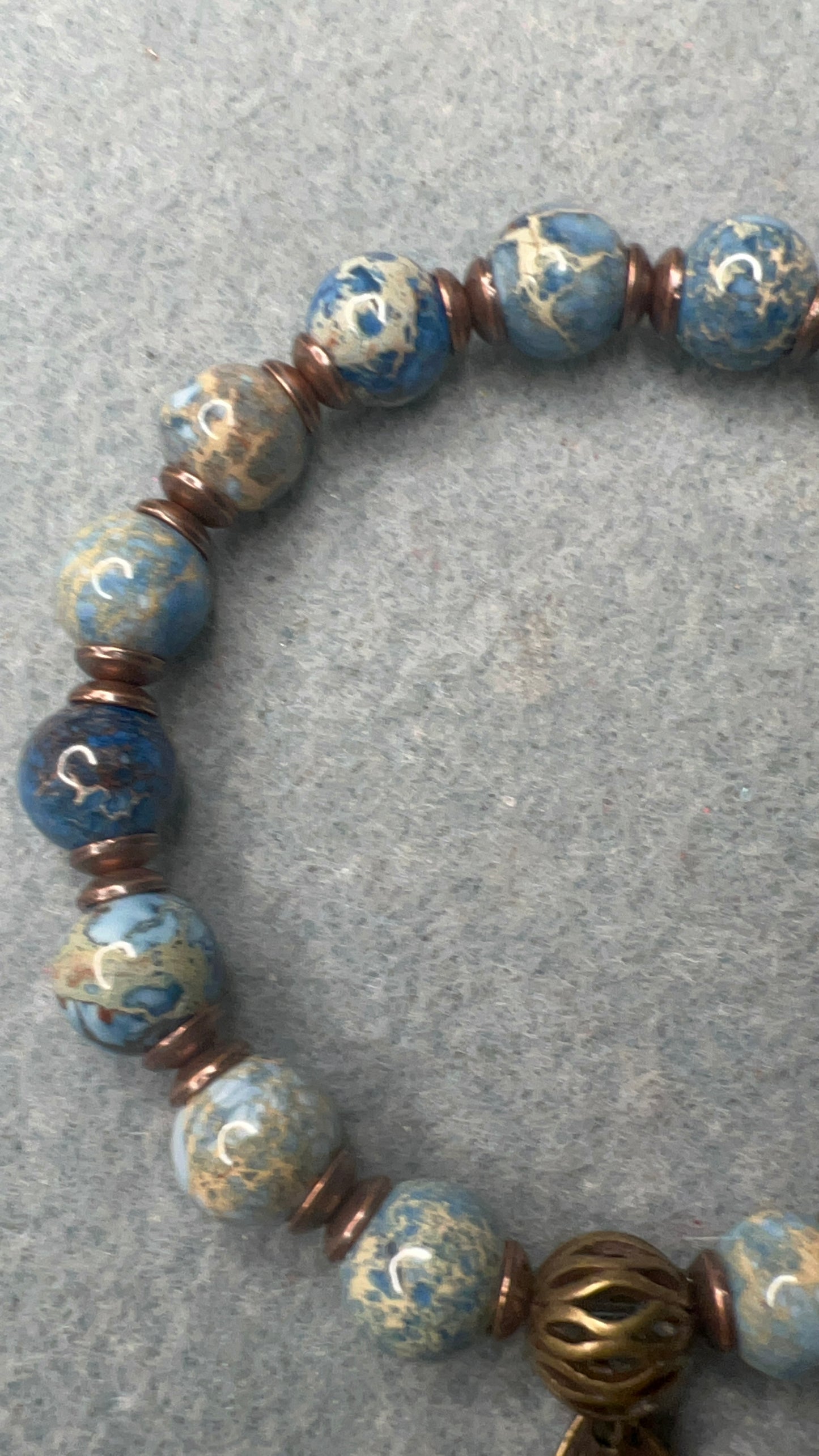 Denim Blue Impression Jasper with Brass Teardrop Pendant Stretch Bracelet