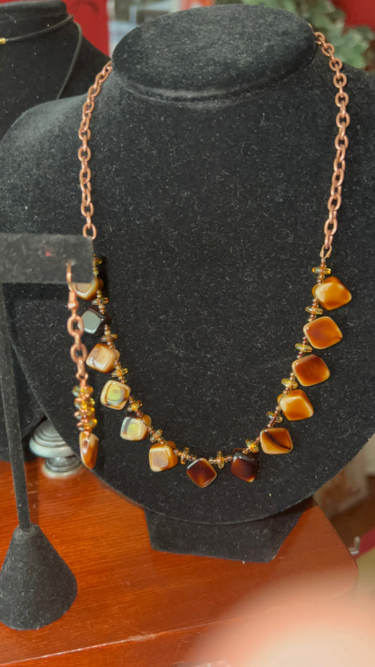 Czech Glass TigerEye Diamond Shaped Beads Choker/Necklace with Copper Chain Necklace and matching Copper Wrapped Earrings