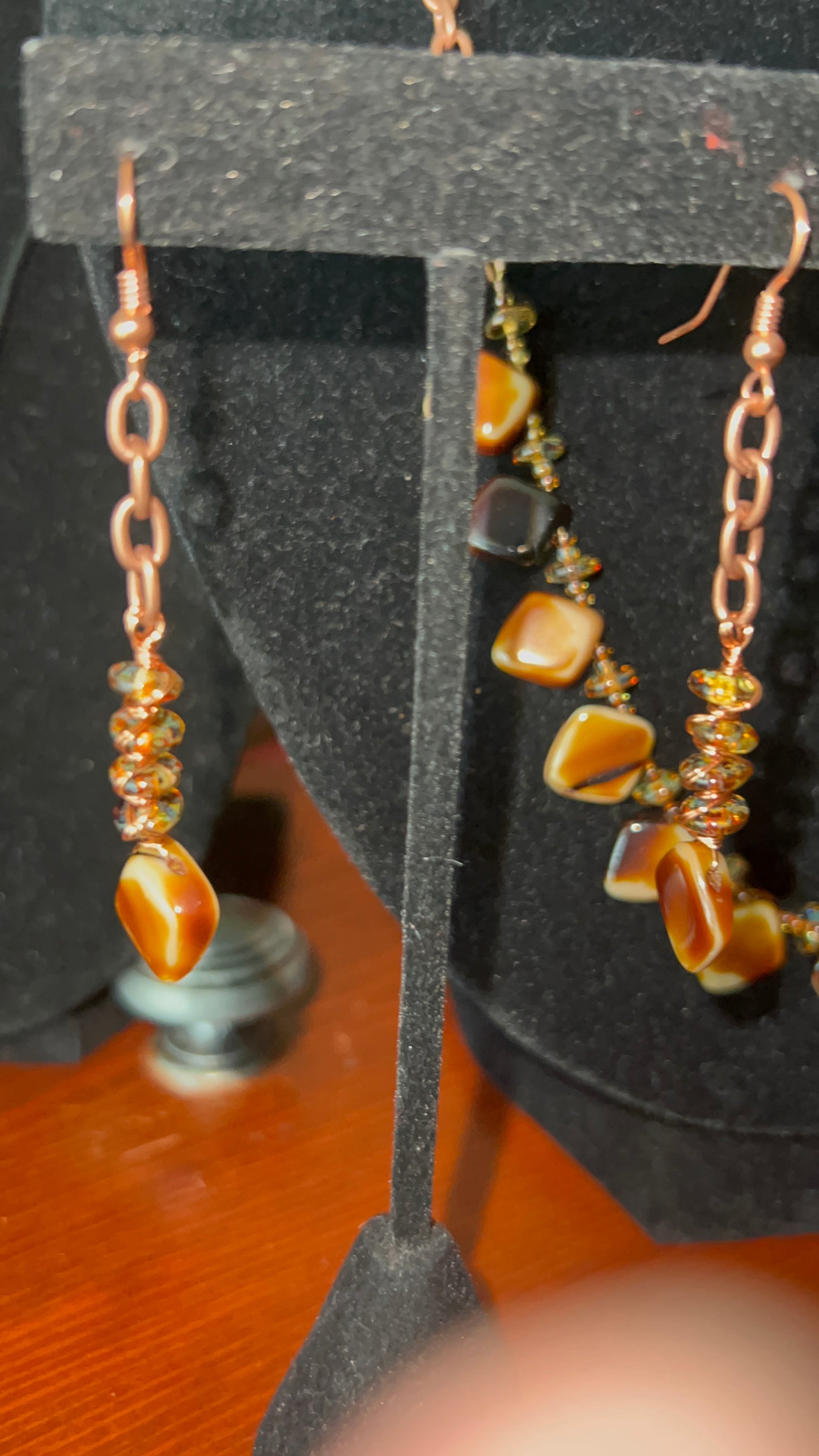 Czech Glass TigerEye Diamond Shaped Beads Choker/Necklace with Copper Chain Necklace and matching Copper Wrapped Earrings