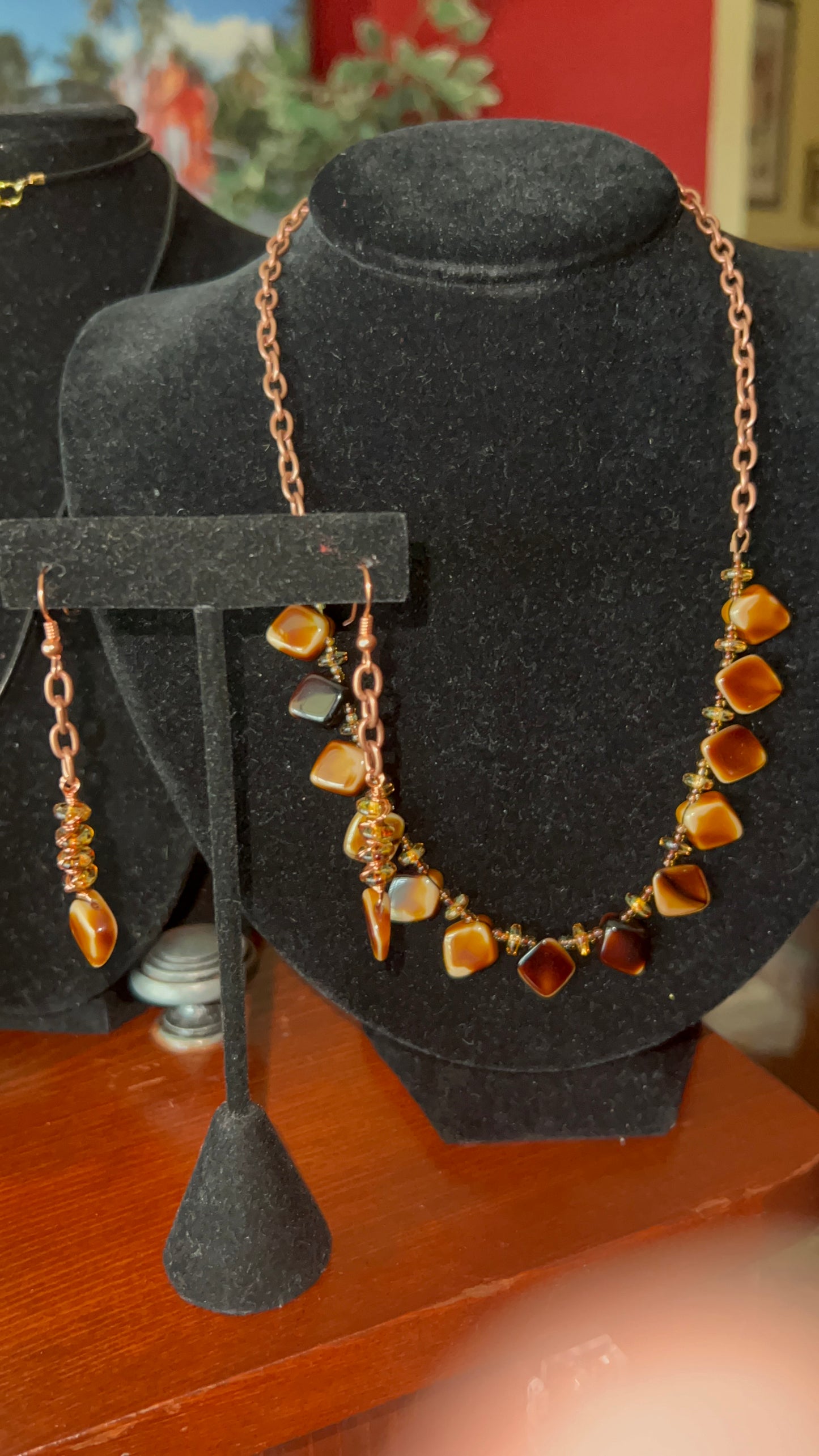 Czech Glass TigerEye Diamond Shaped Beads Choker/Necklace with Copper Chain Necklace and matching Copper Wrapped Earrings