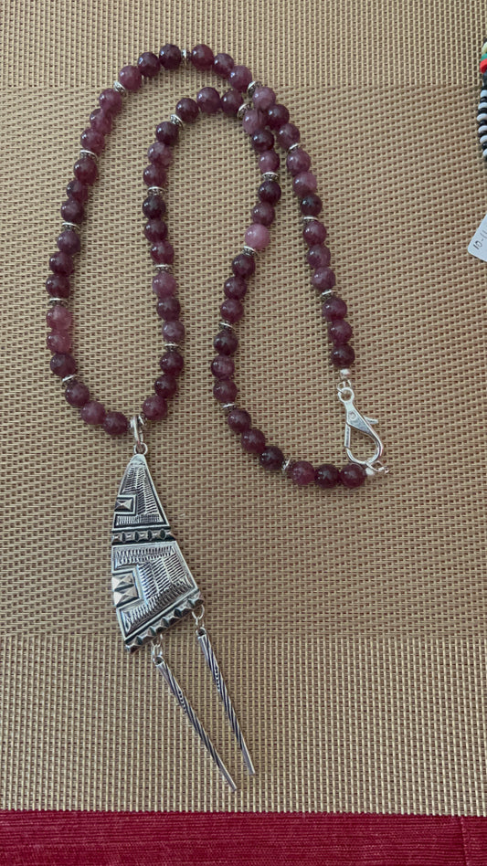 Amethyst Agate with Silver spacers and Egyptian style pendant Necklace 25 inches long with 4 3/4 inch pendant