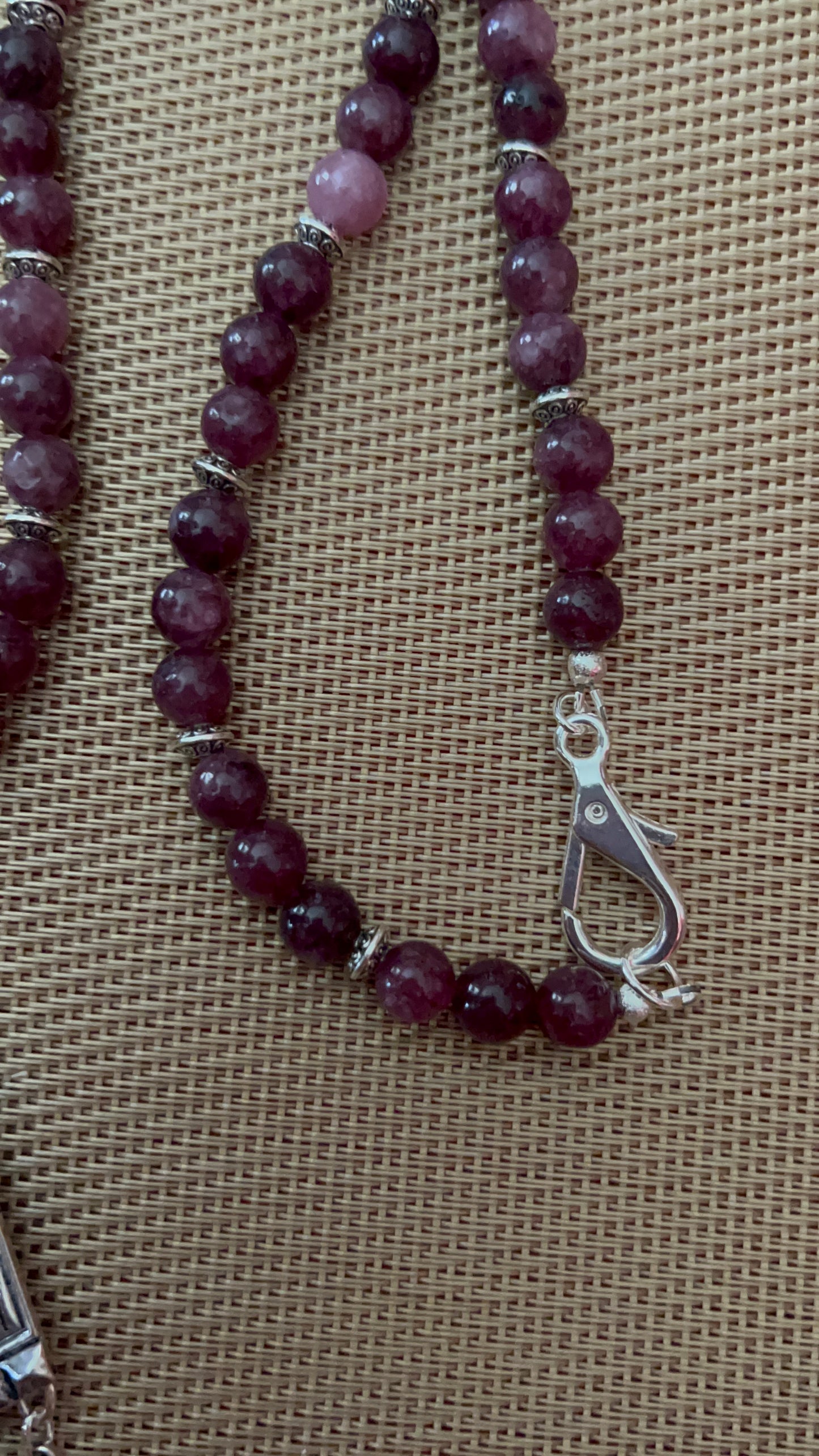 Amethyst Agate with Silver spacers and Egyptian style pendant Necklace 25 inches long with 4 3/4 inch pendant