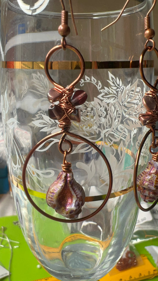 Antique Copper and Lavender Sea Shell Earrings