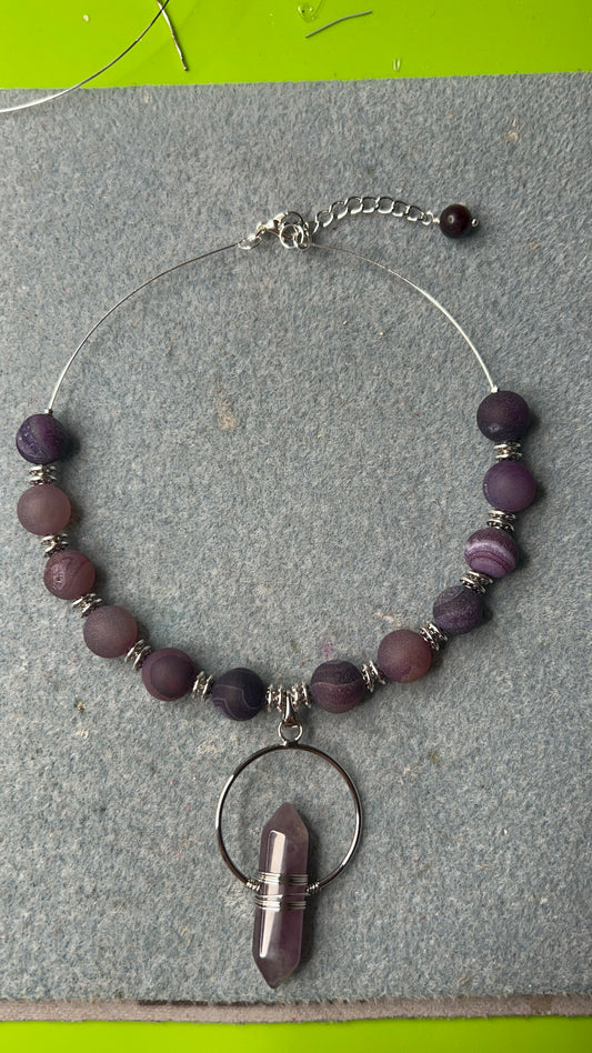 Violet Matte Agate with Quartz and Silver Pendant Choker Necklace