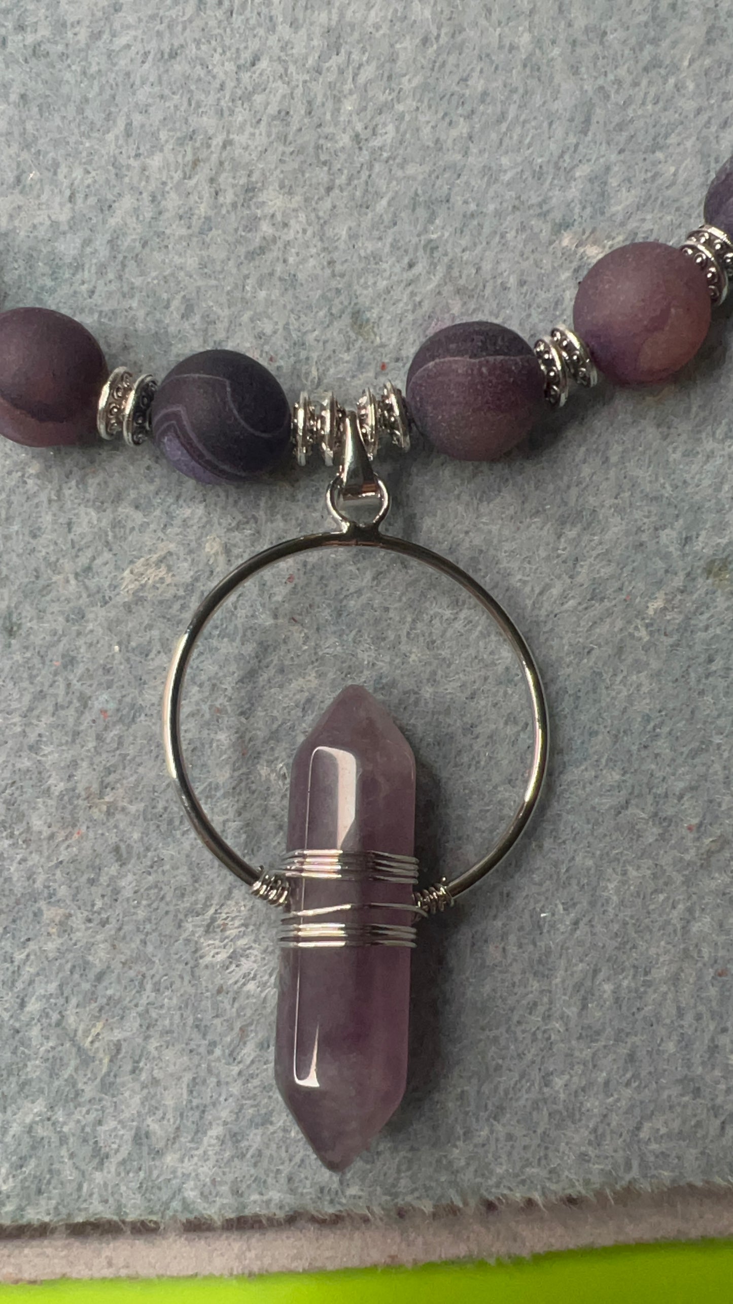 Violet Matte Agate with Quartz and Silver Pendant Choker Necklace