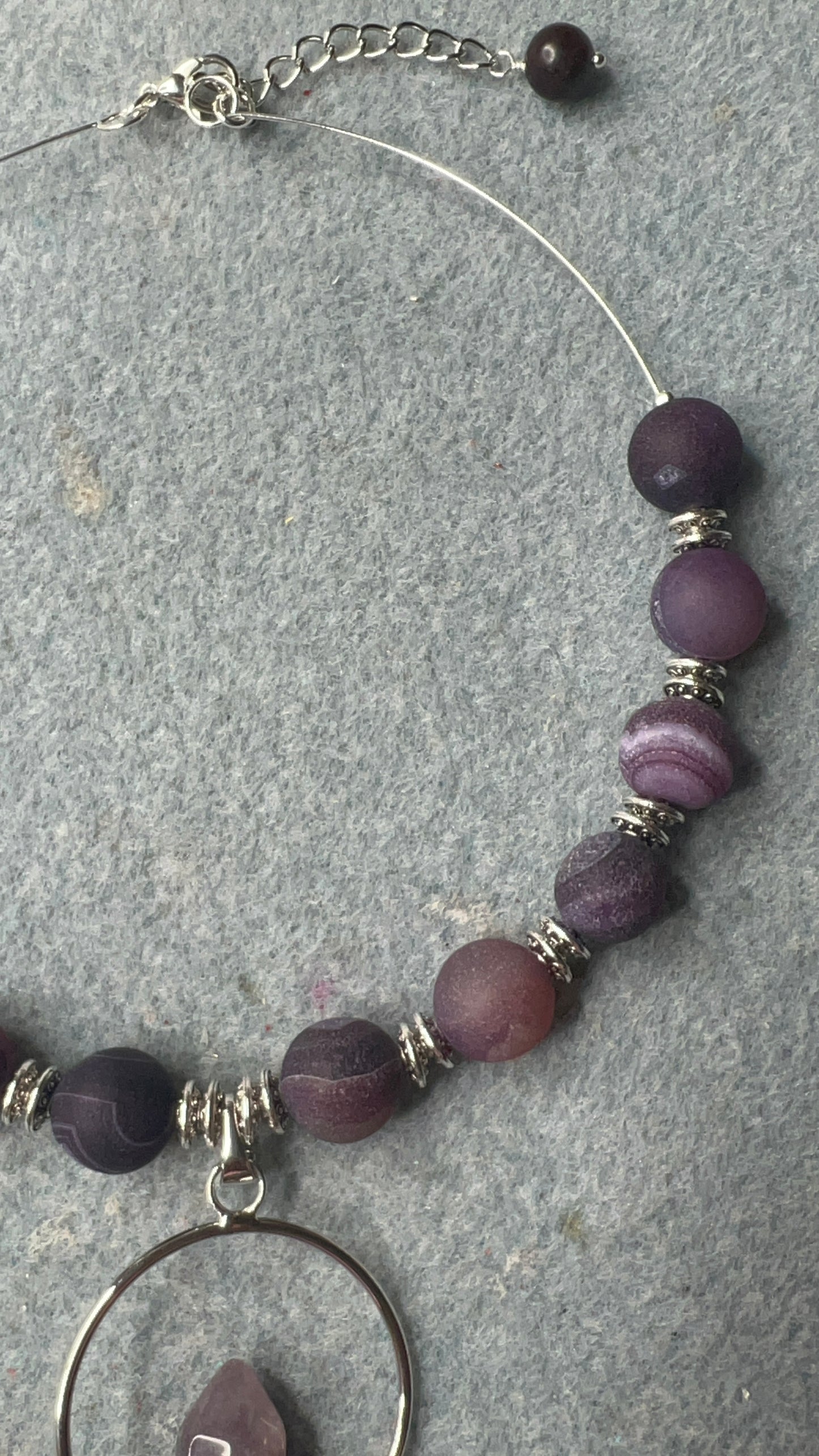 Violet Matte Agate with Quartz and Silver Pendant Choker Necklace