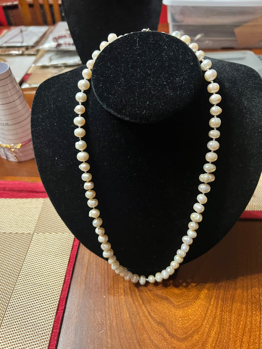 White Knotted Pearl Necklace - 21 inch with silver lobster clasp