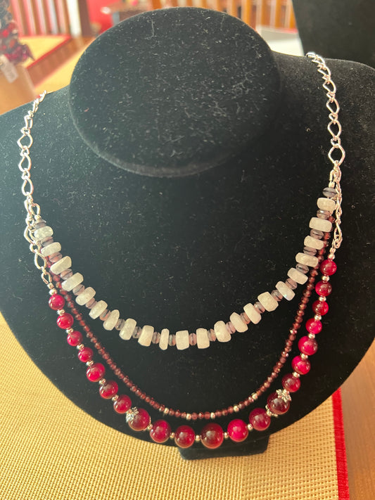 Indian-Cut Moonstone, Fuchsia Tiger Eye, Red Garnet, Jet Black/Pink Silk Mix Rondelles Beautiful Three-Strand Necklace with silver chain and matching Earrings