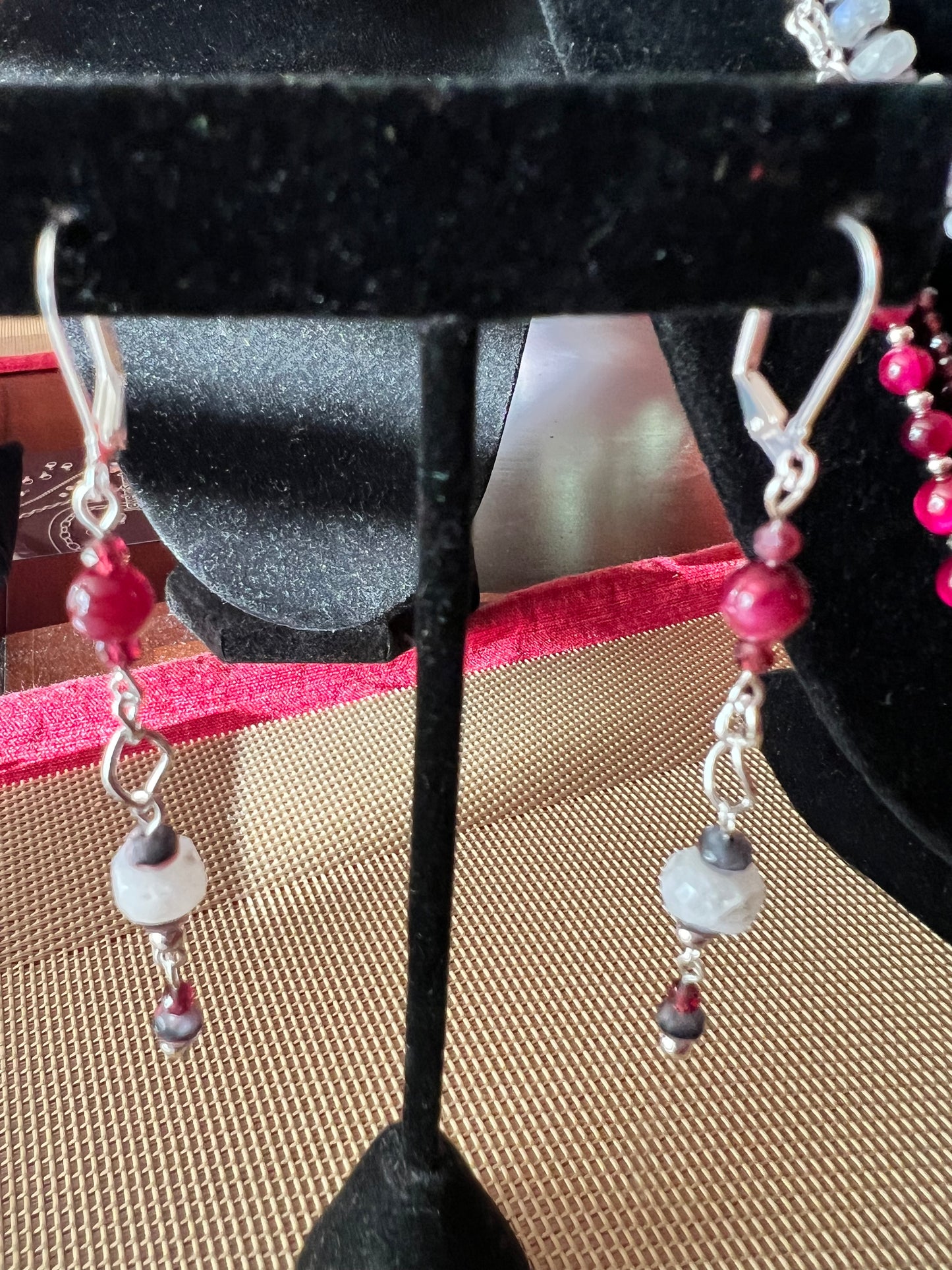 Indian-Cut Moonstone, Fuchsia Tiger Eye, Red Garnet, Jet Black/Pink Silk Mix Rondelles Beautiful Three-Strand Necklace with silver chain and matching Earrings