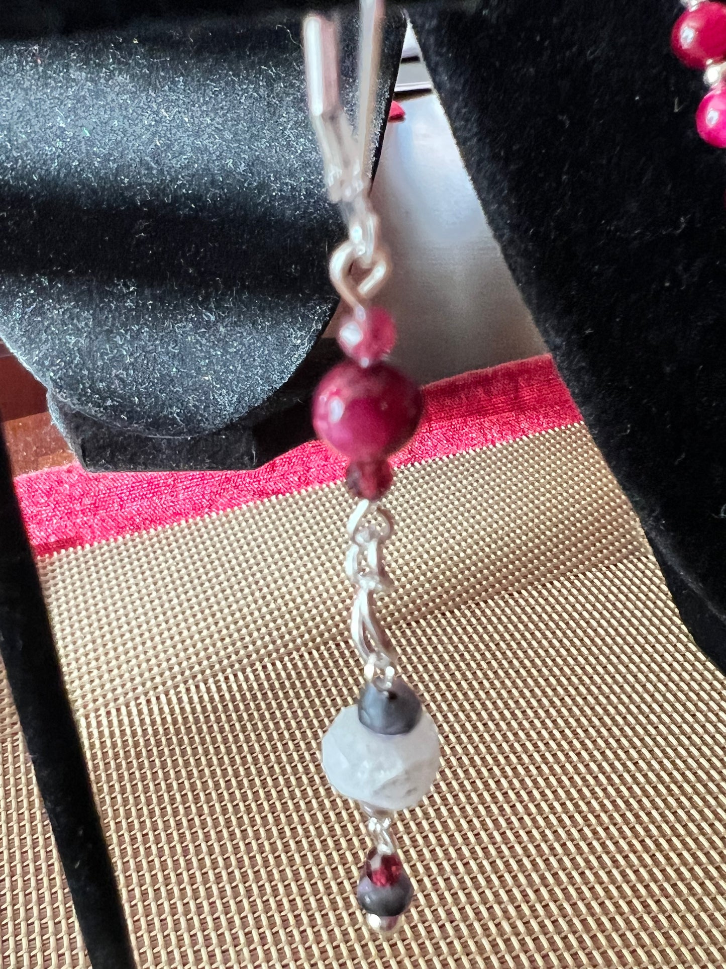 Indian-Cut Moonstone, Fuchsia Tiger Eye, Red Garnet, Jet Black/Pink Silk Mix Rondelles Beautiful Three-Strand Necklace with silver chain and matching Earrings