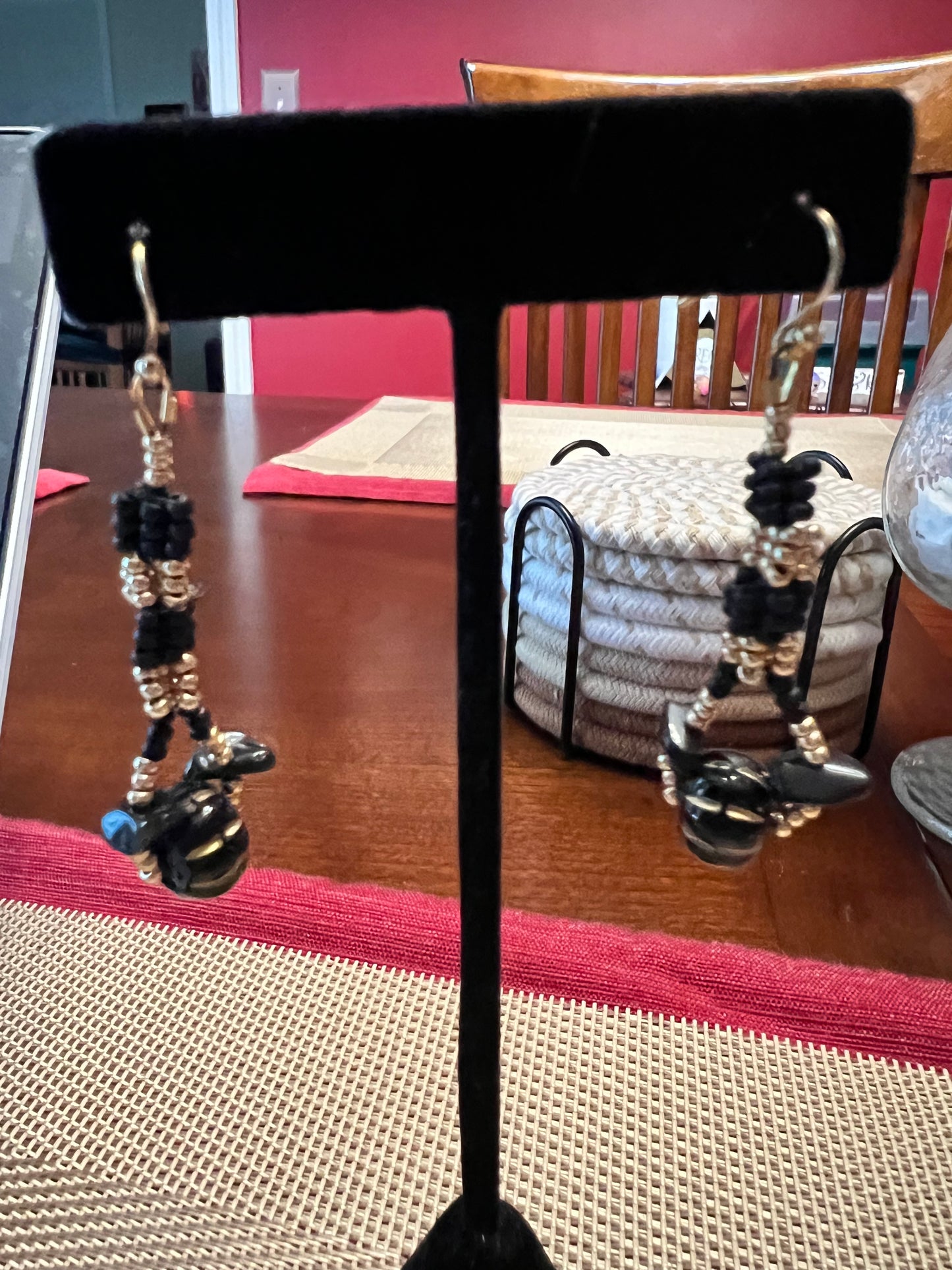 Black and Gold Seed Bead Dangle Earrings