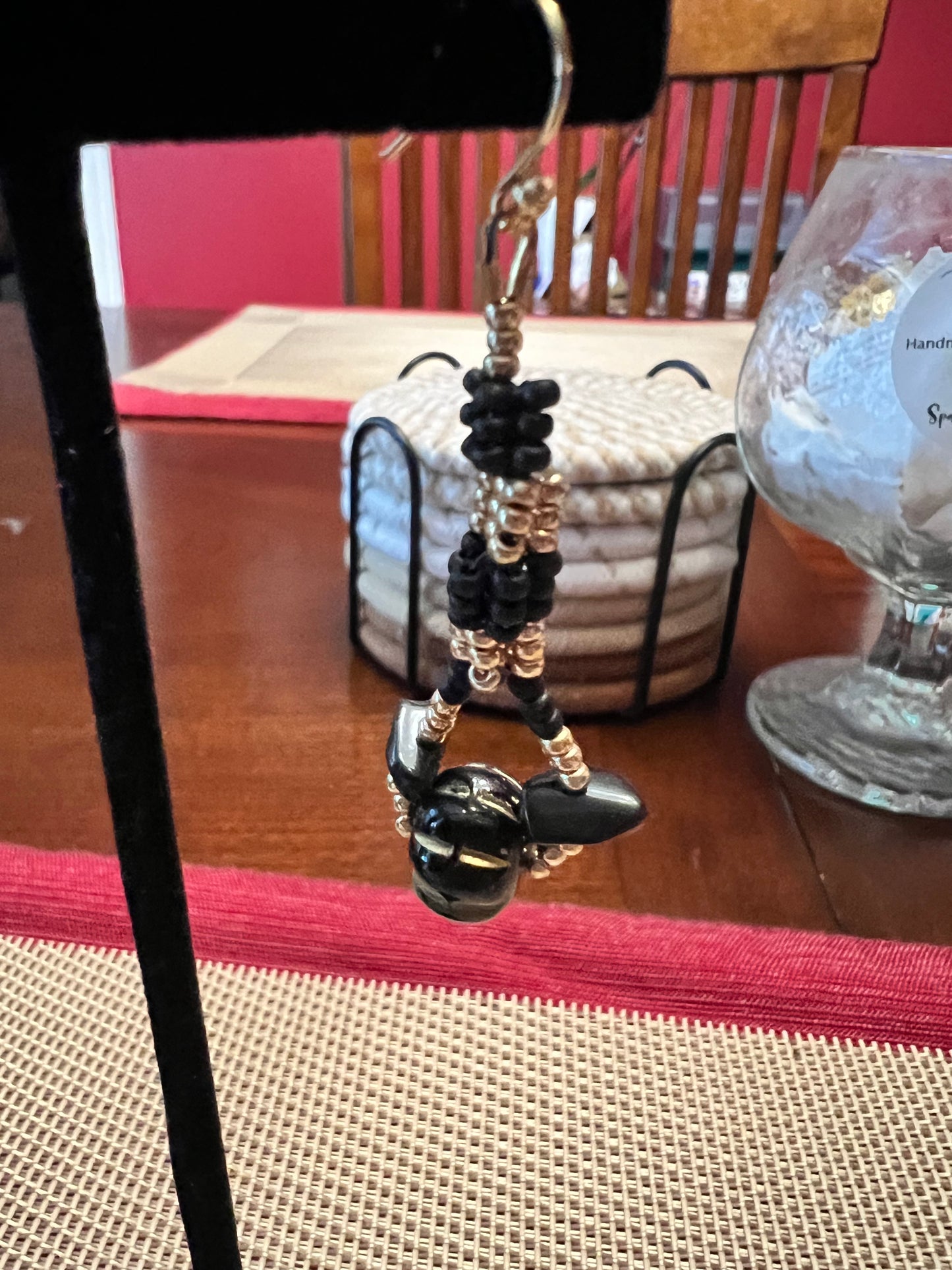 Black and Gold Seed Bead Dangle Earrings