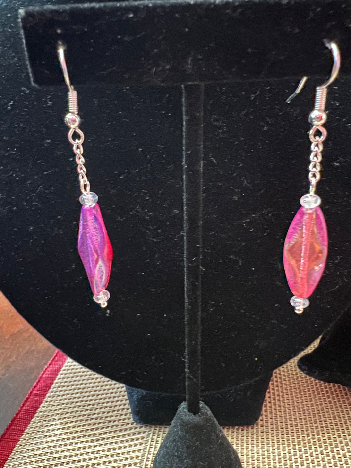 Czech Glass Diamond Oval, Neon Fuchsia with Silver Chain Earrings