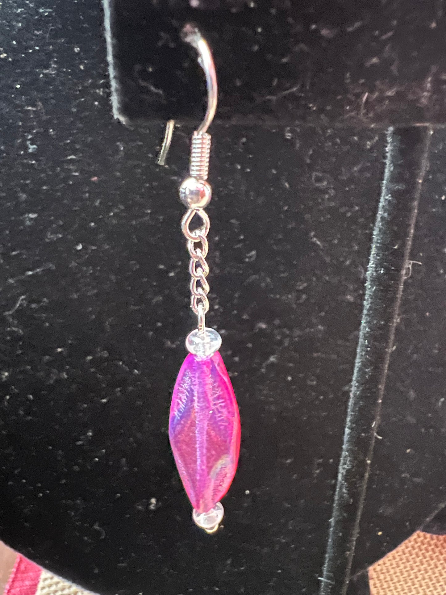 Czech Glass Diamond Oval, Neon Fuchsia with Silver Chain Earrings