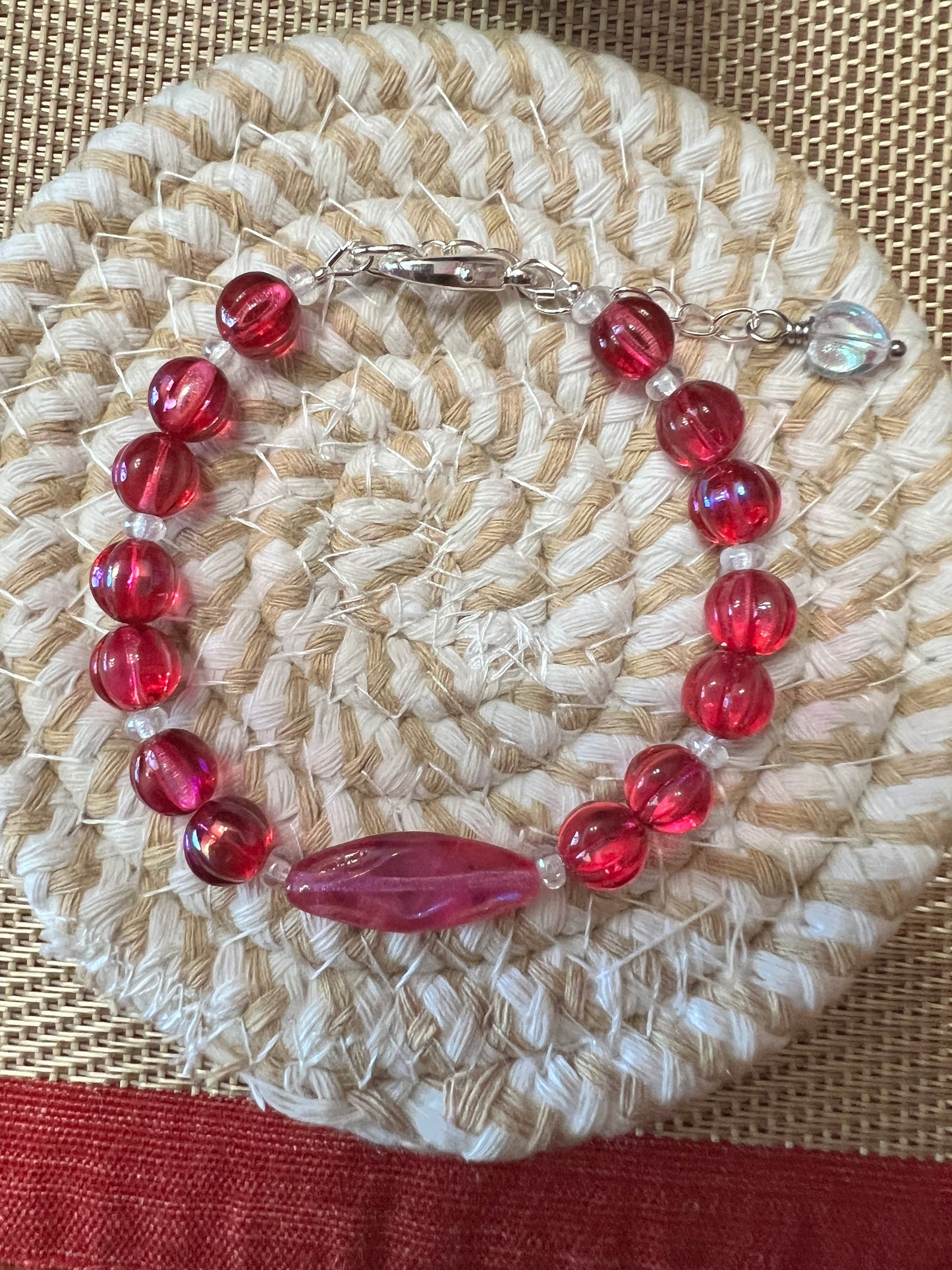 Neon Magenta Melon with Neon Fuchsia Diamond Oval Bracelet with silver clasp and extender chain