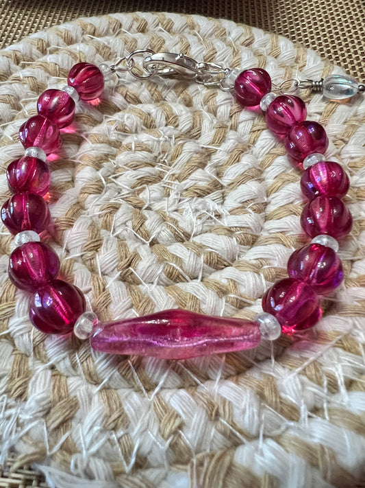 Neon Magenta Melon with Neon Fuchsia Diamond Oval Bracelet with silver clasp and extender chain