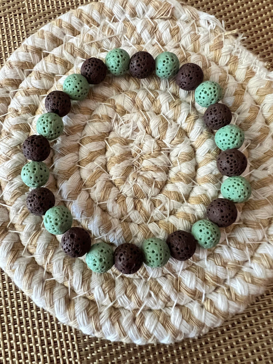 Brown and Light Green Lava Beaded Stretch Bracelet