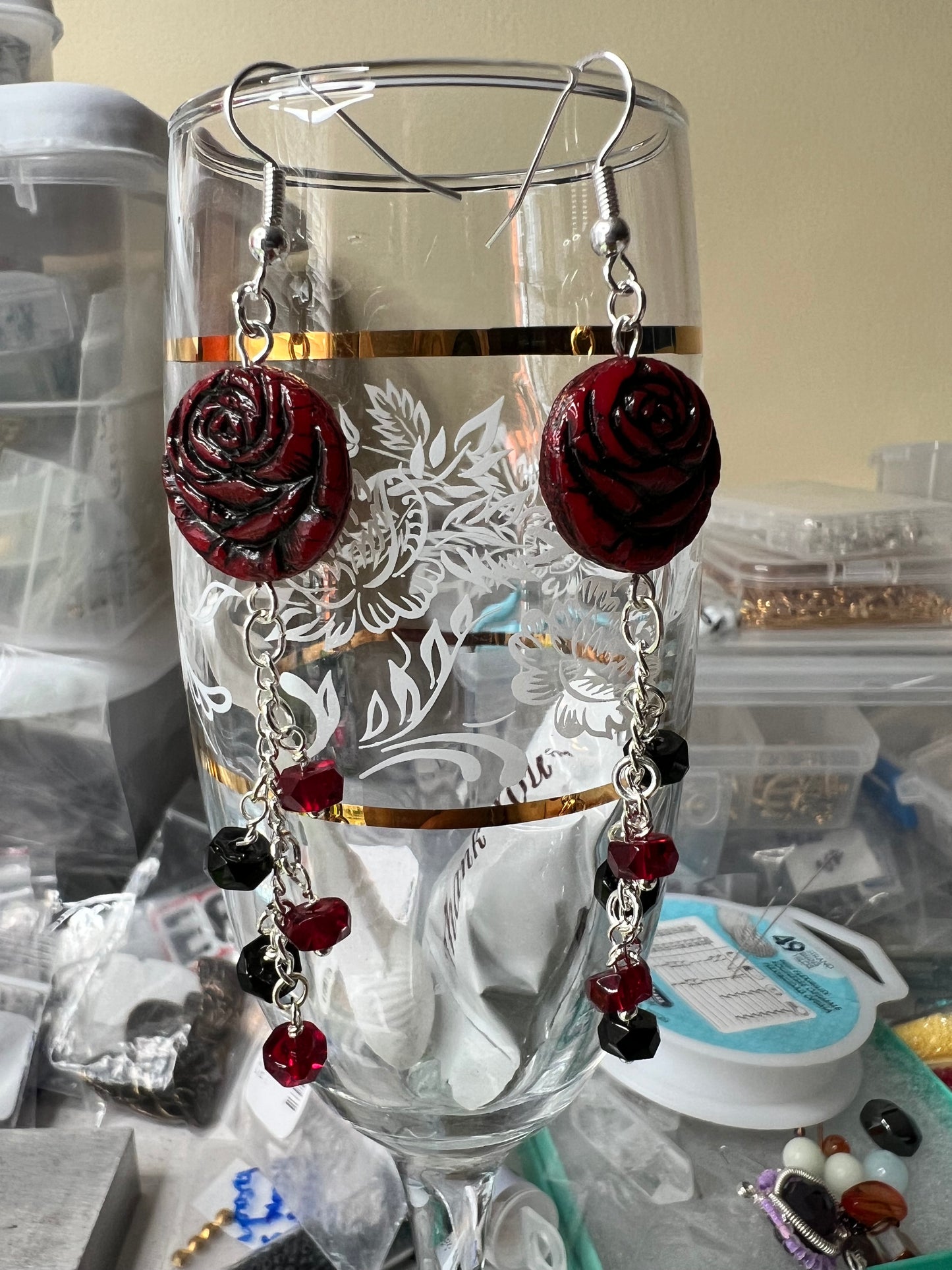 Round Carved Rose with Red and Black Crystals and silver chain Earrings