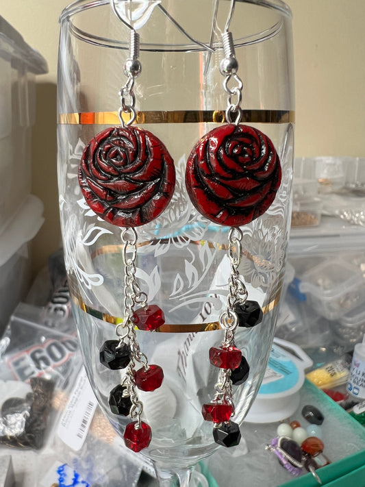 Round Carved Rose with Red and Black Crystals and silver chain Earrings