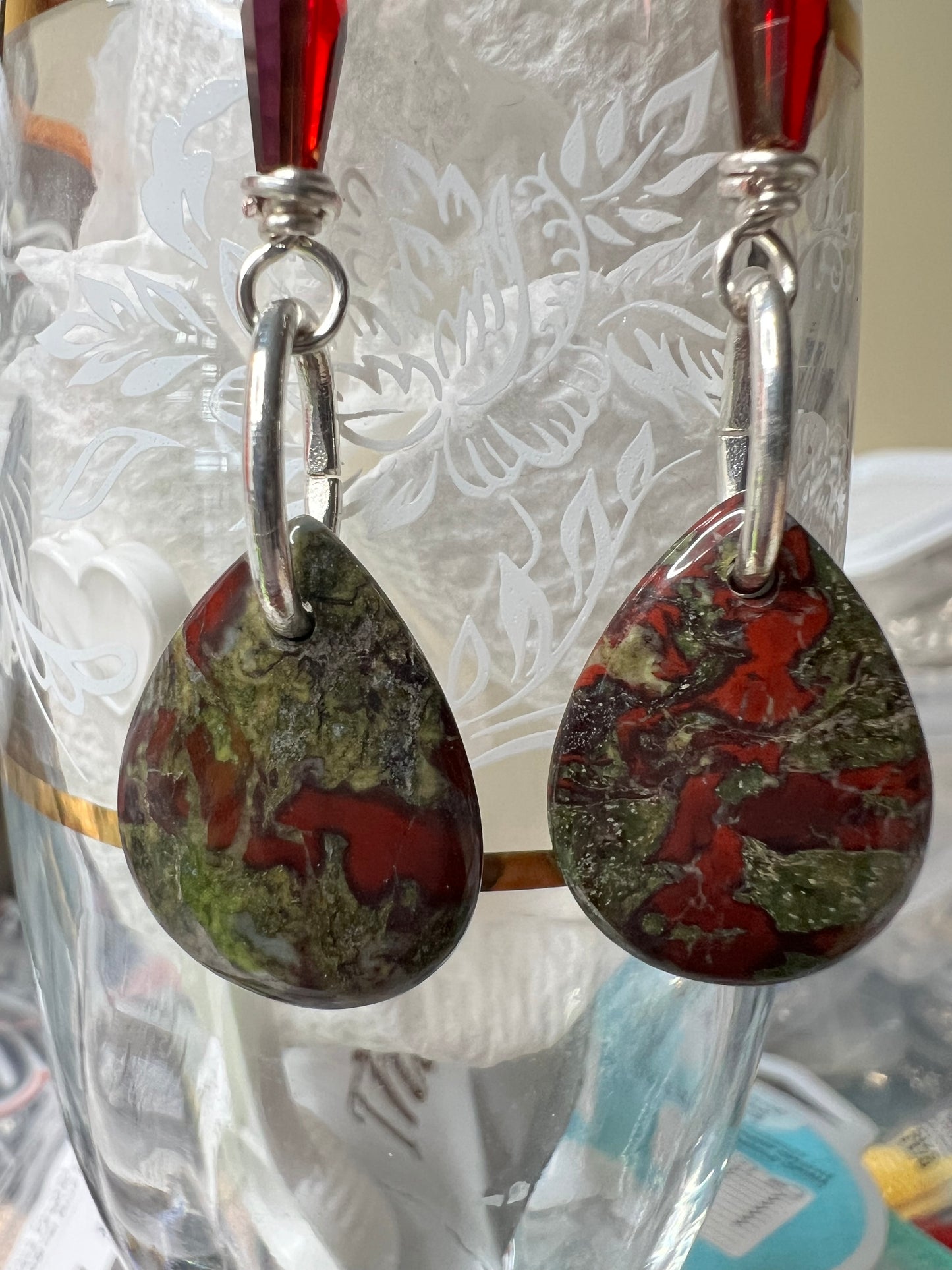 Dragon Blood Jasper Teardrop with Ruby Red Diamond Earrings