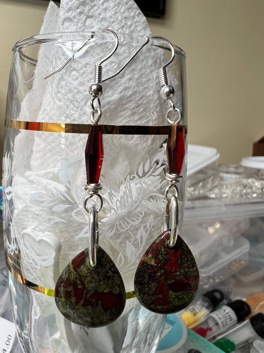 Dragon Blood Jasper Teardrop with Ruby Red Diamond Earrings