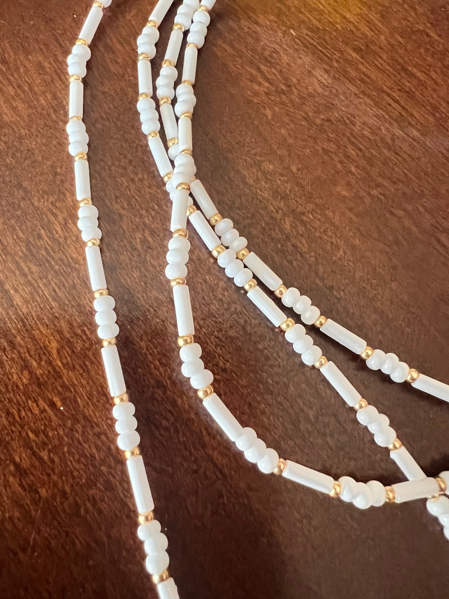 White and Gold Seed Bead Necklace with 2" Tassel