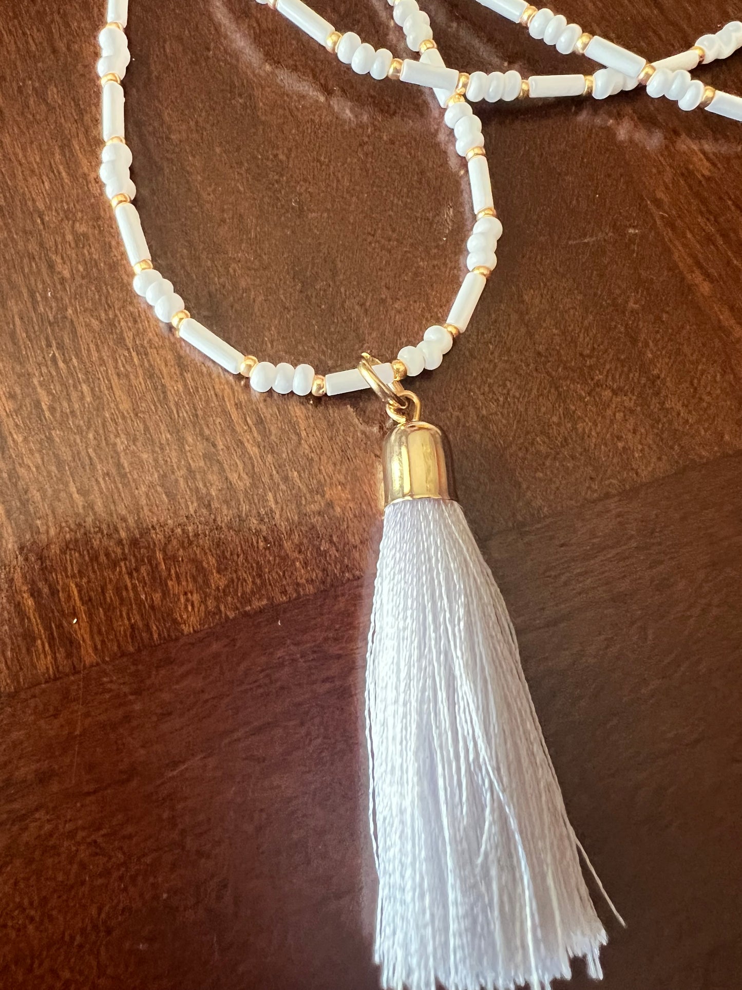 White and Gold Seed Bead Necklace with 2" Tassel