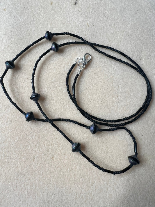 Black and  Gray with Seed Bead Long Necklace and silver clasp