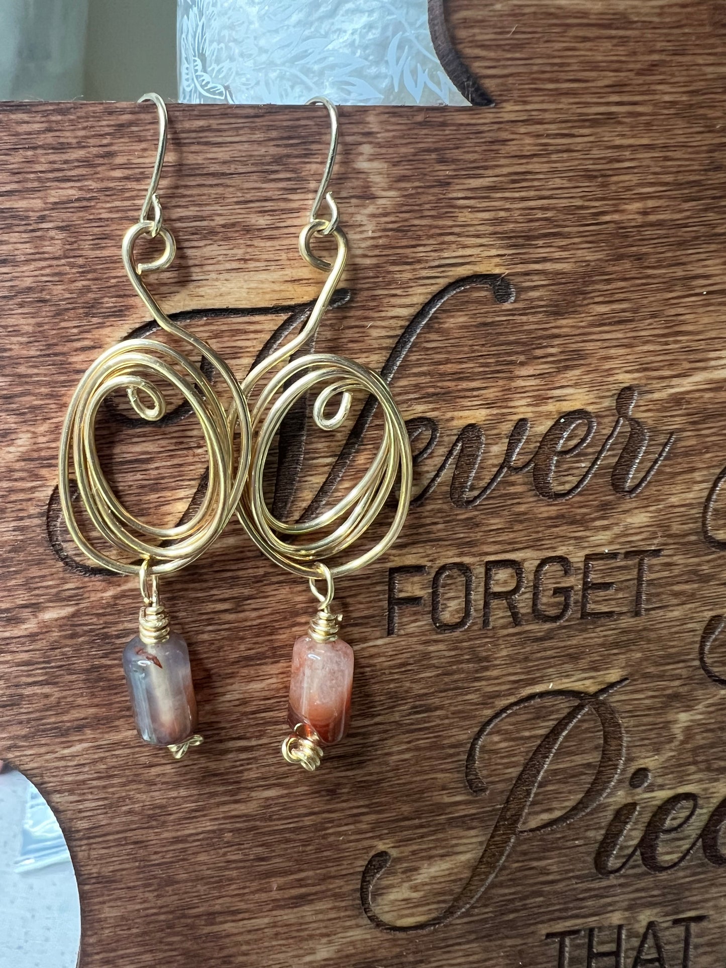 Brass Oval Swirls with Carnelian Tubes Earrings