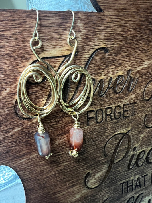 Brass Oval Swirls with Carnelian Tubes Earrings