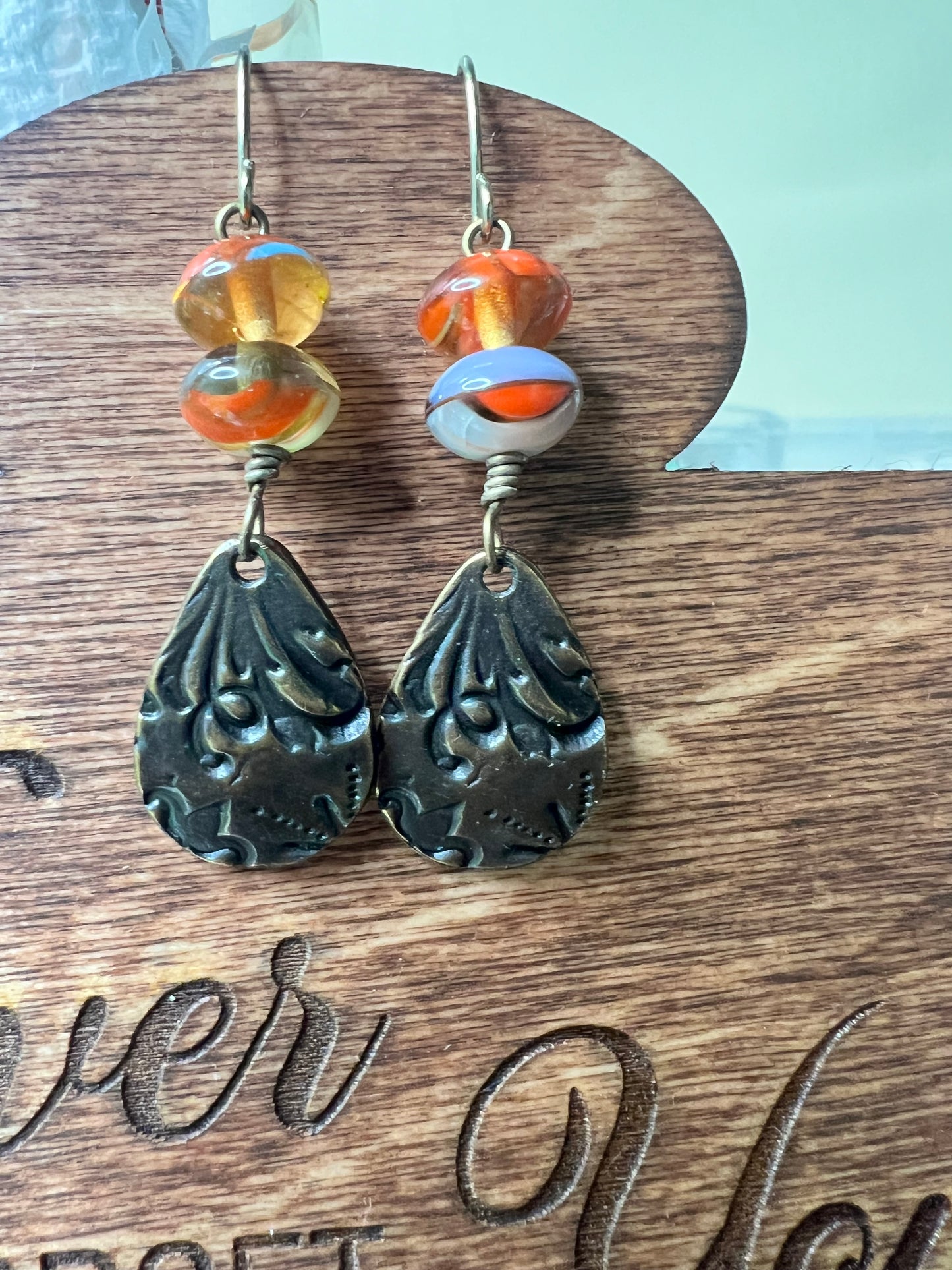 Orange, Cream Czech Glass with Brass Etched Teardrops