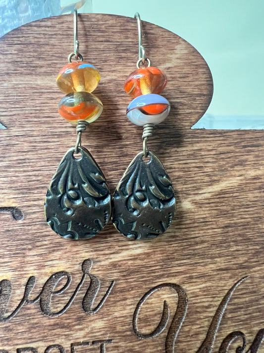 Orange, Cream Czech Glass with Brass Etched Teardrops