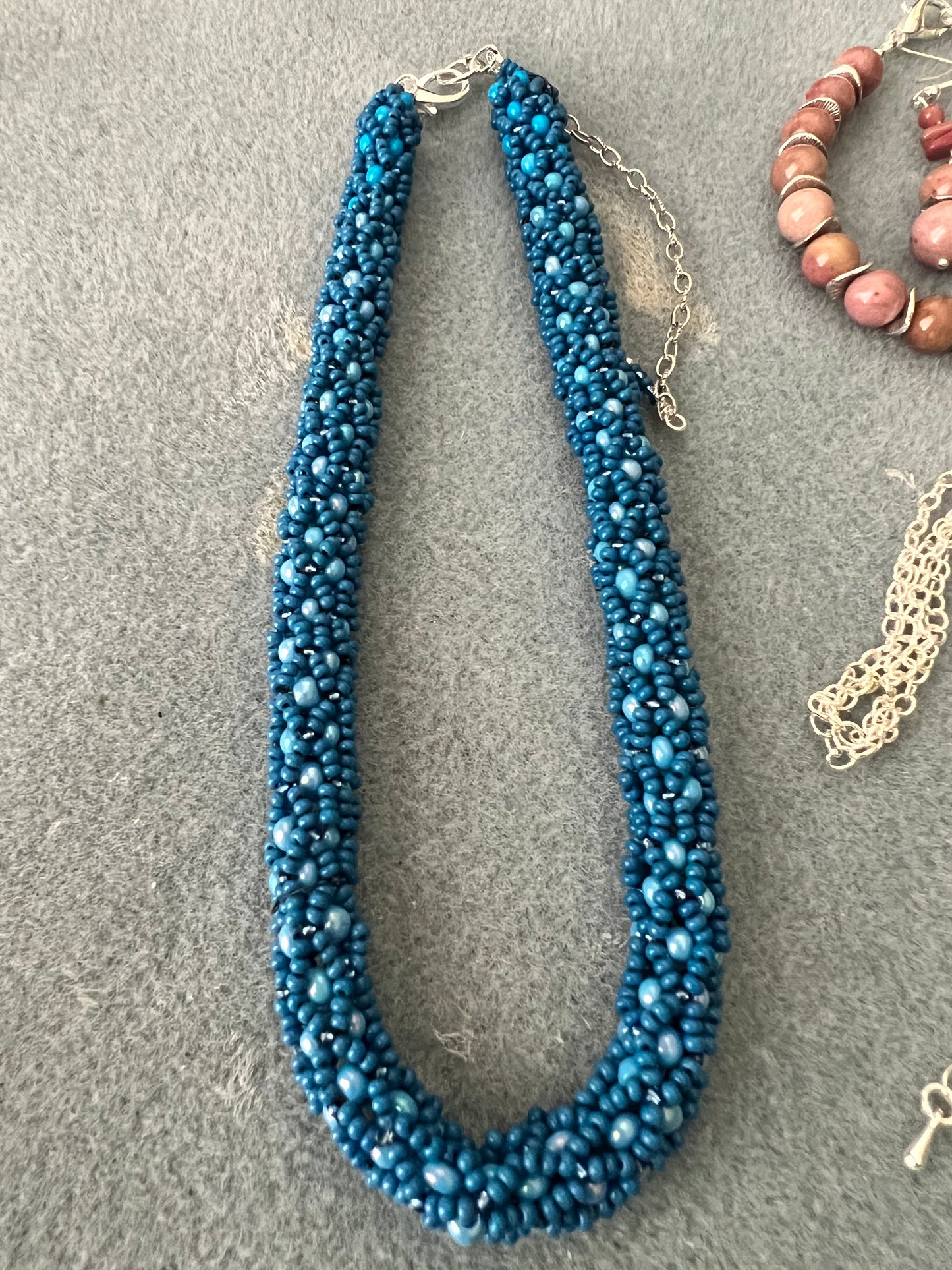 Shades of Blue Hand sewn Seed Bead Necklace with Silver Chain