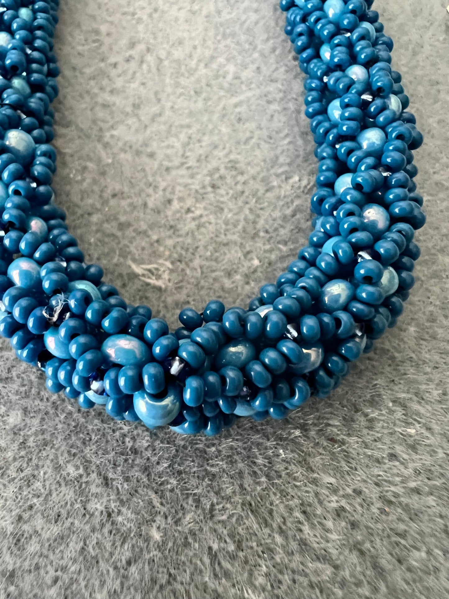 Shades of Blue Hand sewn Seed Bead Necklace with Silver Chain