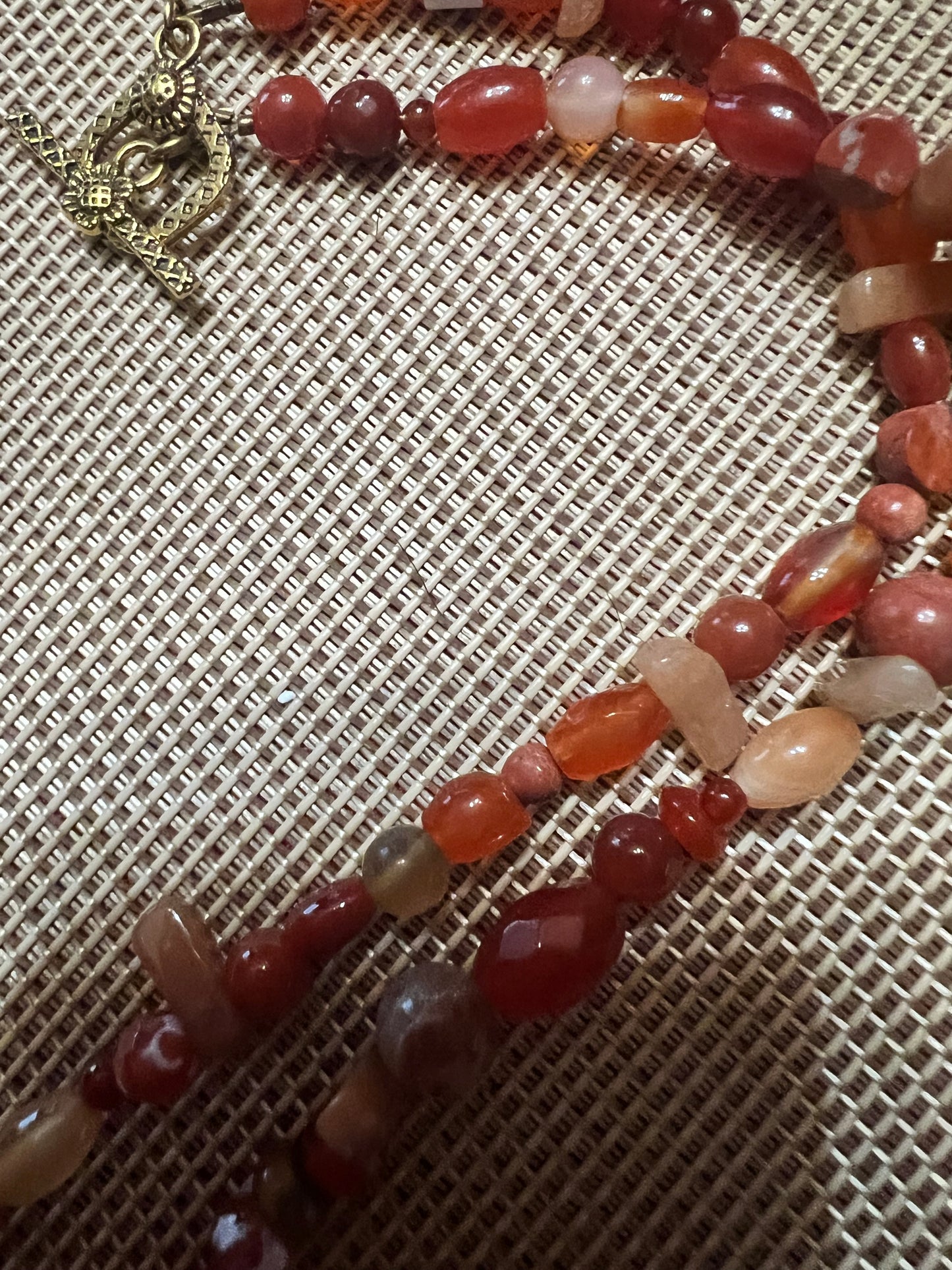 Carnelian Multi-shaped Beads and chips with Brass Wrapped Tube Carnelian with drops Necklace with Brass Closure