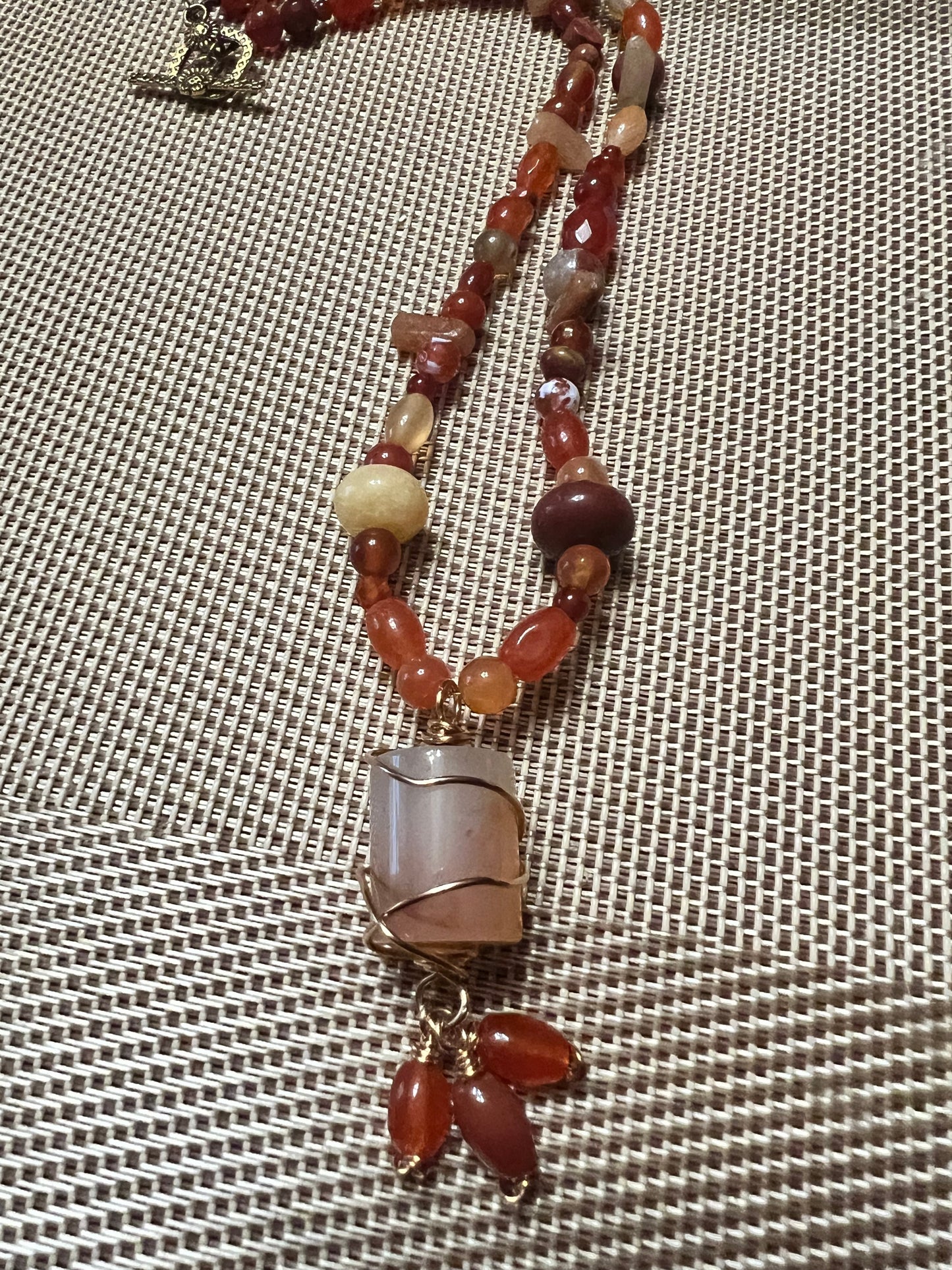 Carnelian Multi-shaped Beads and chips with Brass Wrapped Tube Carnelian with drops Necklace with Brass Closure